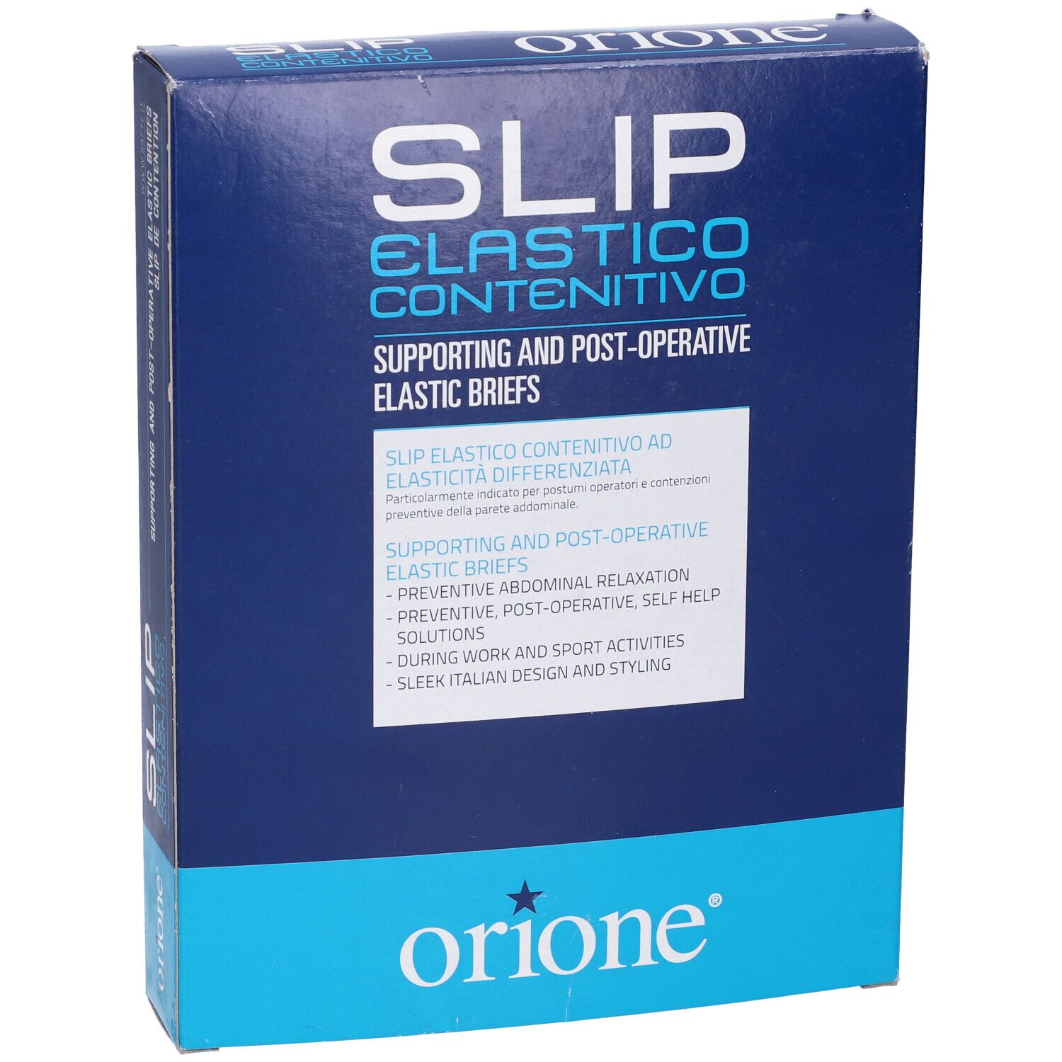 Scatola blu con informazioni prodotto. Scritto: SLIP ELASTICO CONTENITIVO. Marchio: Orione.