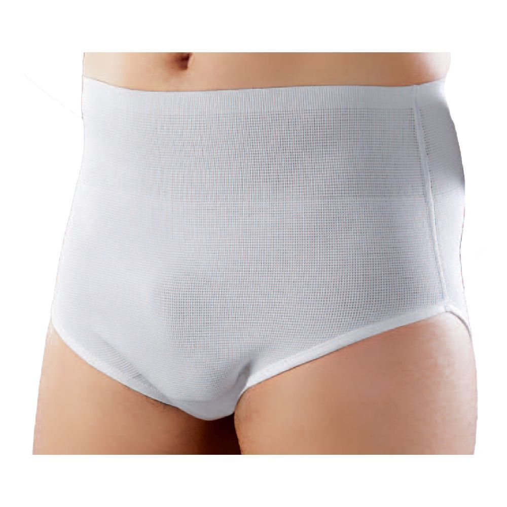 Slip contenitivo bianco da uomo. Tessuto a maglia. Vita alta, copre l'addome. Bordi gamba definiti.