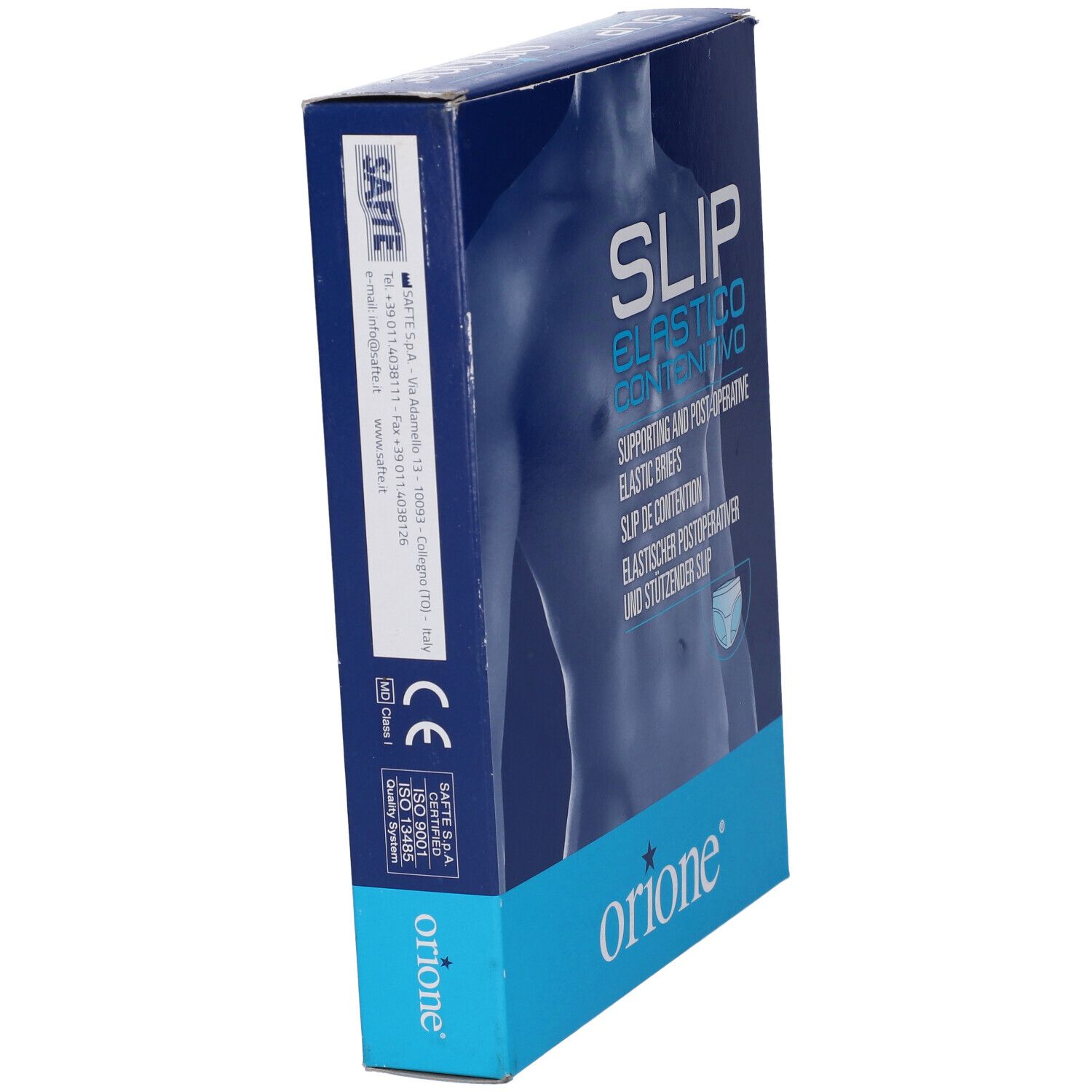 Vista laterale della confezione. Scritta: SLIP ELASTICO CONTENITIVO, Orione. Slip elastici di supporto e post-operatori. Marchio CE.