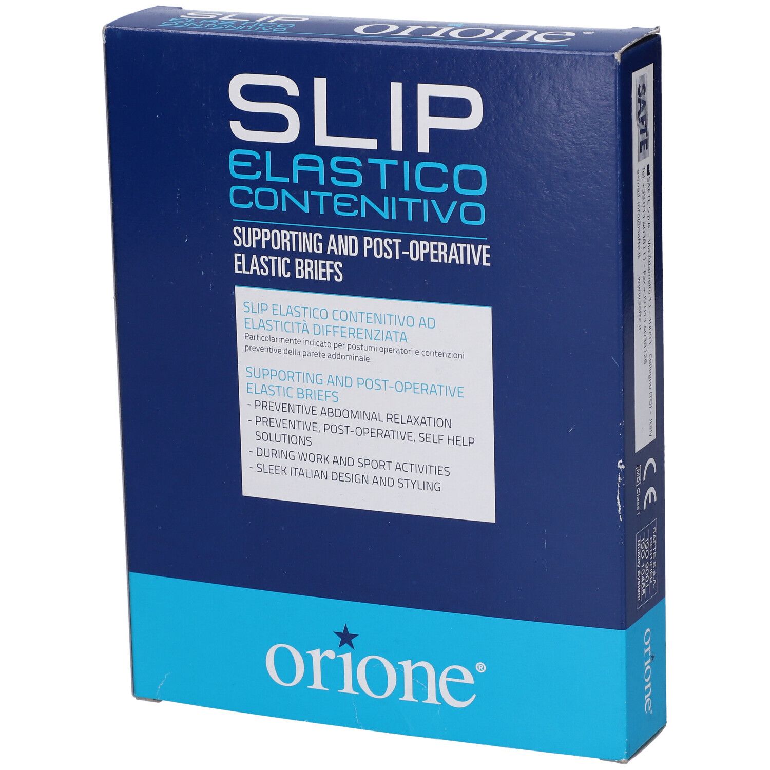 Confezione con informazioni sul prodotto. Scritta: SLIP ELASTICO CONTENITIVO, Orione. Slip elastici di supporto e post-operatori.