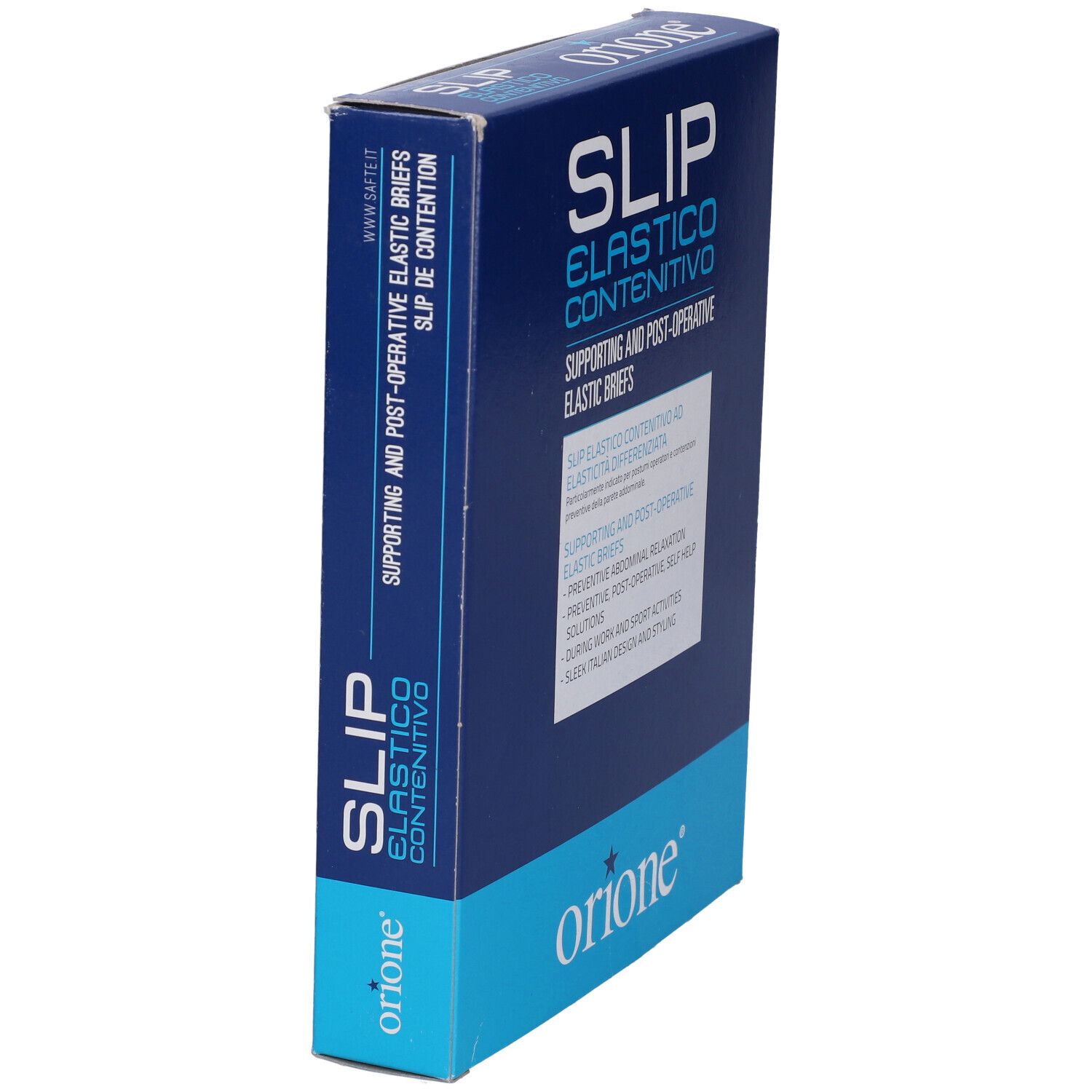 Vista laterale della confezione. Scritta: SLIP ELASTICO CONTENITIVO, Orione. Slip elastici di supporto e post-operatori.