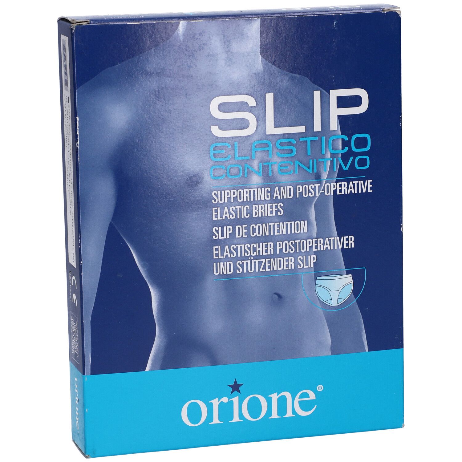 Confezione con immagine del prodotto. Scritta: SLIP ELASTICO CONTENITIVO, Orione. Slip elastici di supporto e post-operatori.