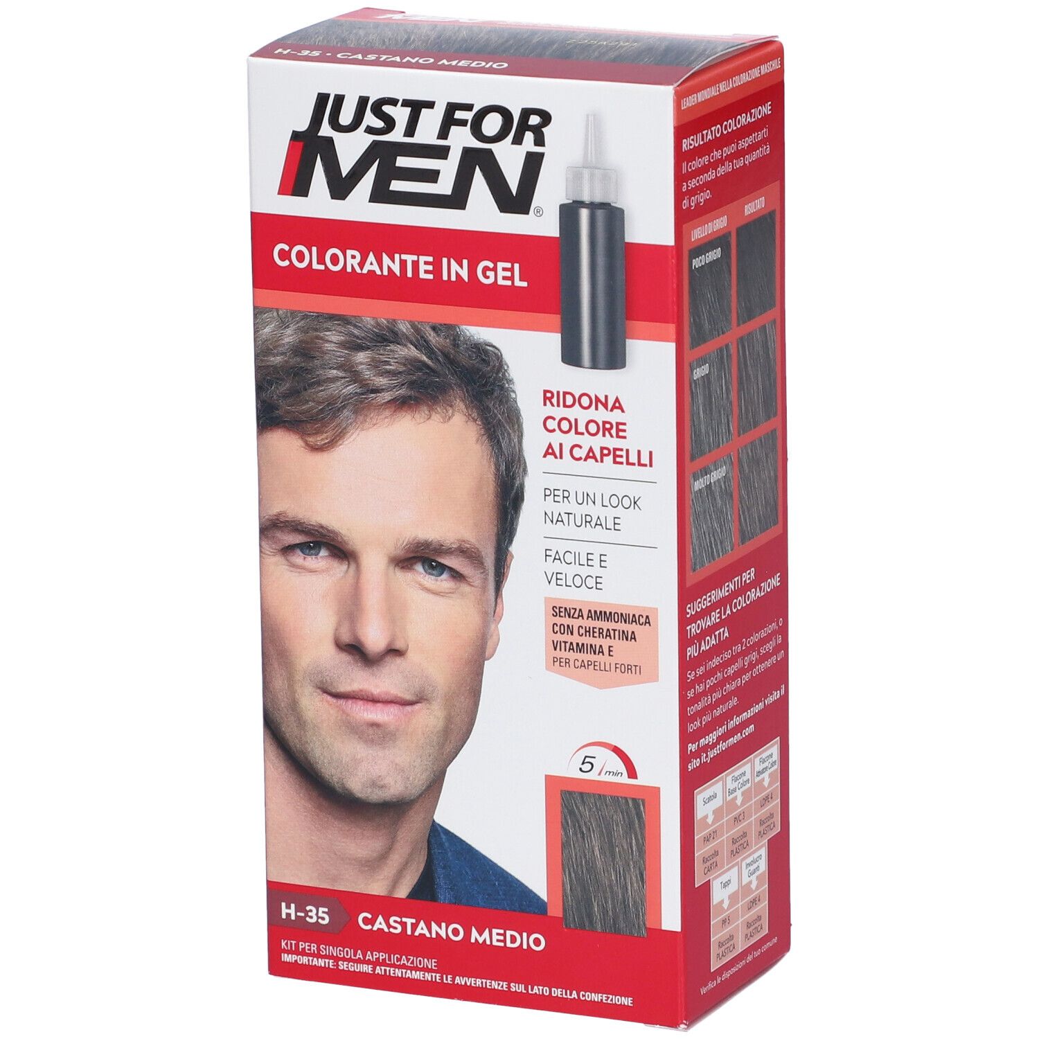 Confezione di colorante per capelli. Logo "Just For Men", uomo, nome prodotto, tonalità H35 Castano Medio.