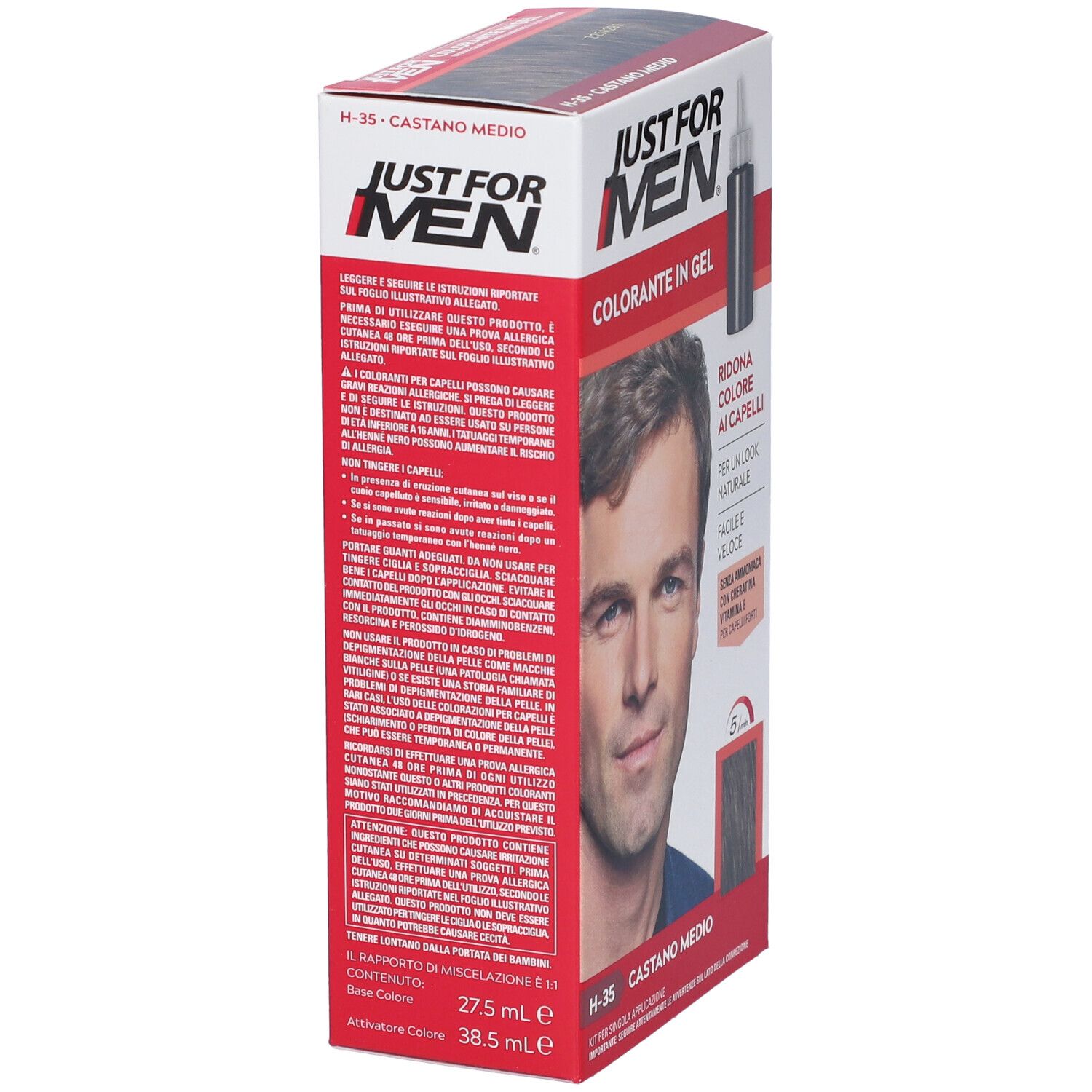 Confezione colorante per capelli. Logo "Just For Men", uomo, nome prodotto, 27,5 ml base e 38,5 ml attivatore.