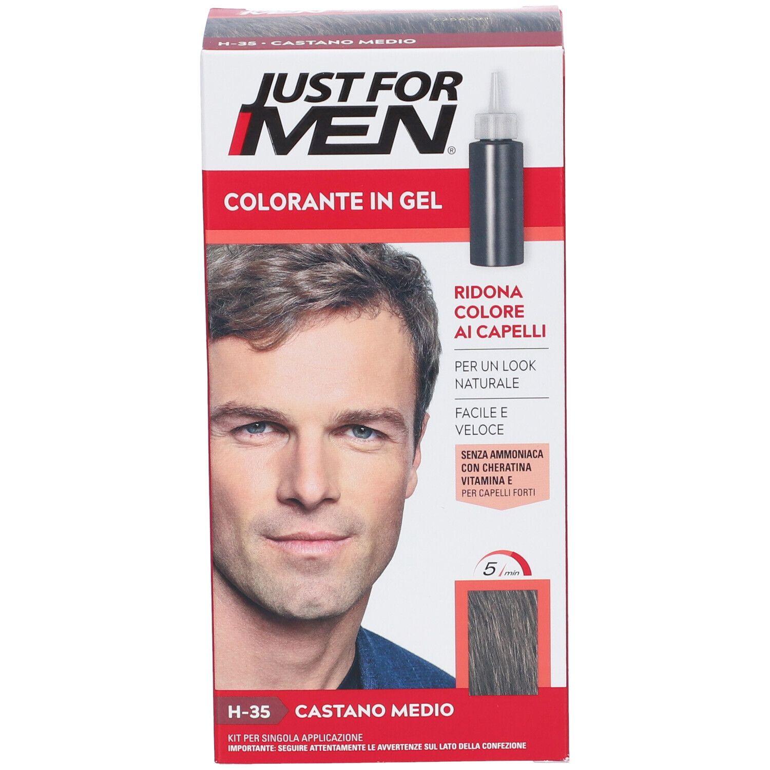 Confezione di colorante per capelli. Logo "Just For Men", uomo, nome prodotto, tonalità H35 Castano Medio.