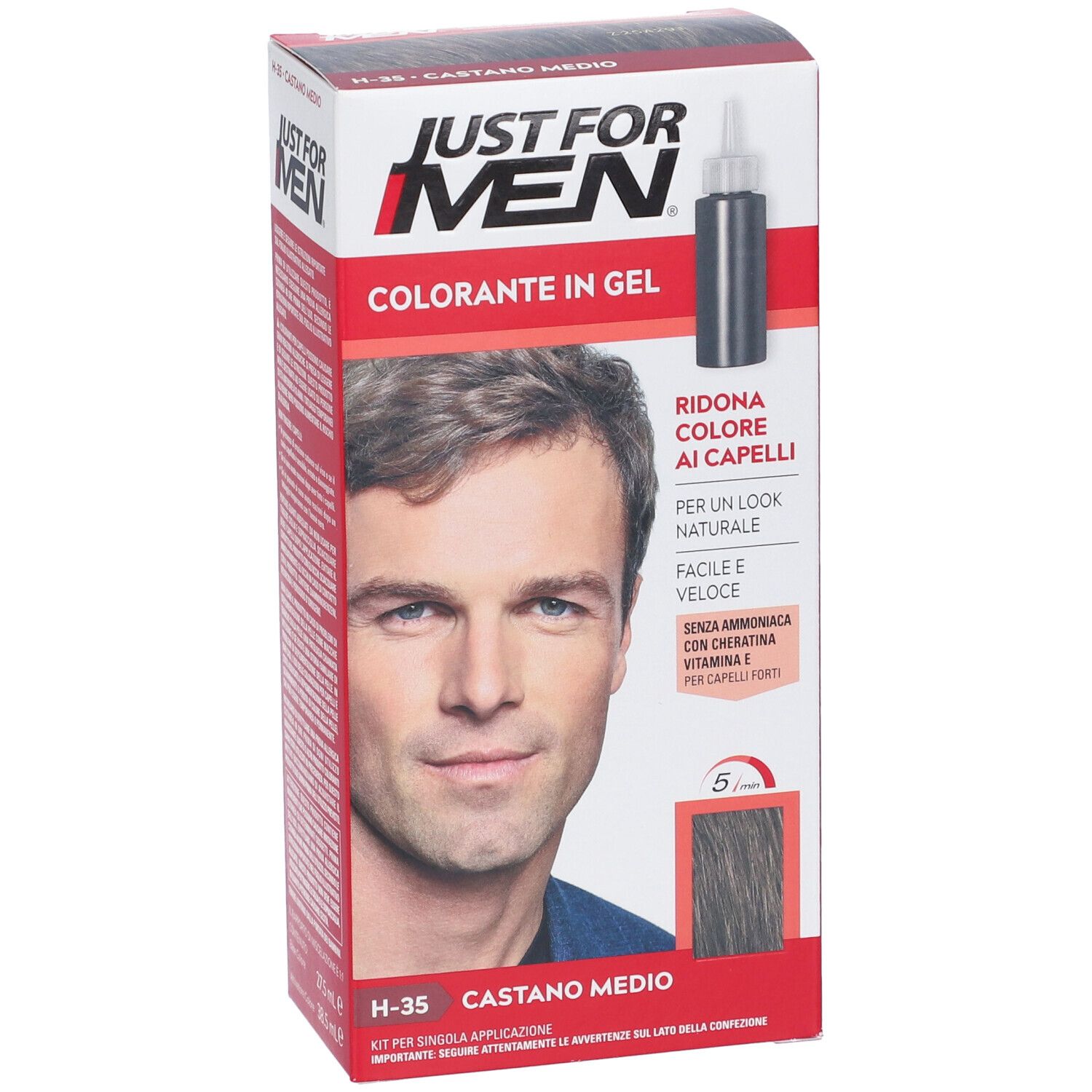 Confezione di colorante per capelli. Logo "Just For Men", uomo, nome prodotto, tonalità H35 Castano Medio.