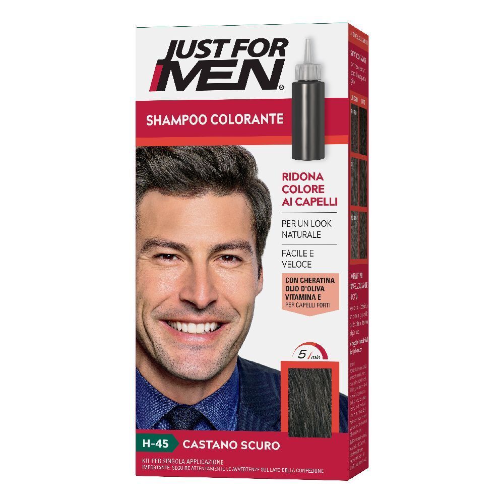 Scatola di colorante per capelli. Contiene Shampoo Colorante H45 Castano Scuro. Uomo con capelli scuri. Testo: Just For Men.