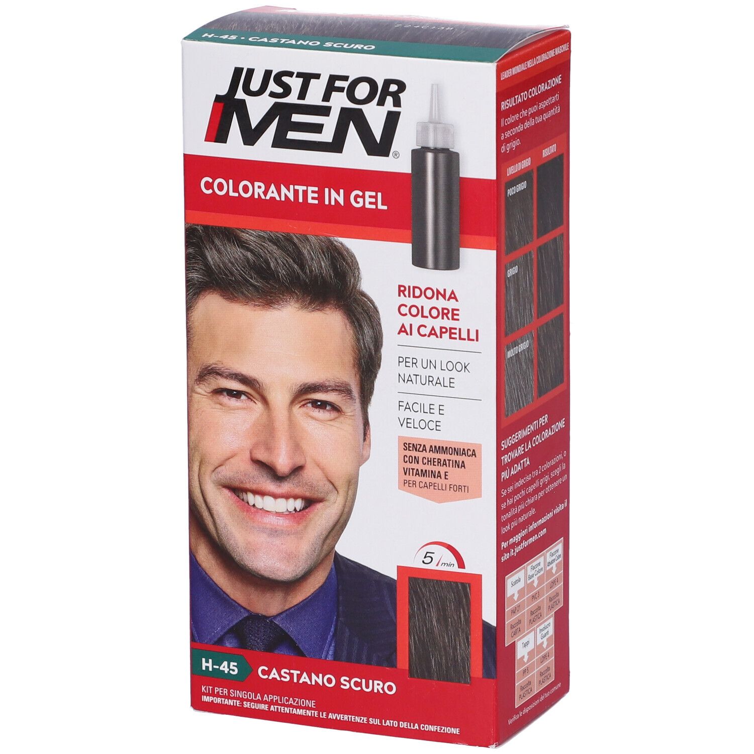 Scatola di colorante per capelli. Contiene Shampoo Colorante H45 Castano Scuro. Uomo con capelli scuri. Testo: Just For Men.