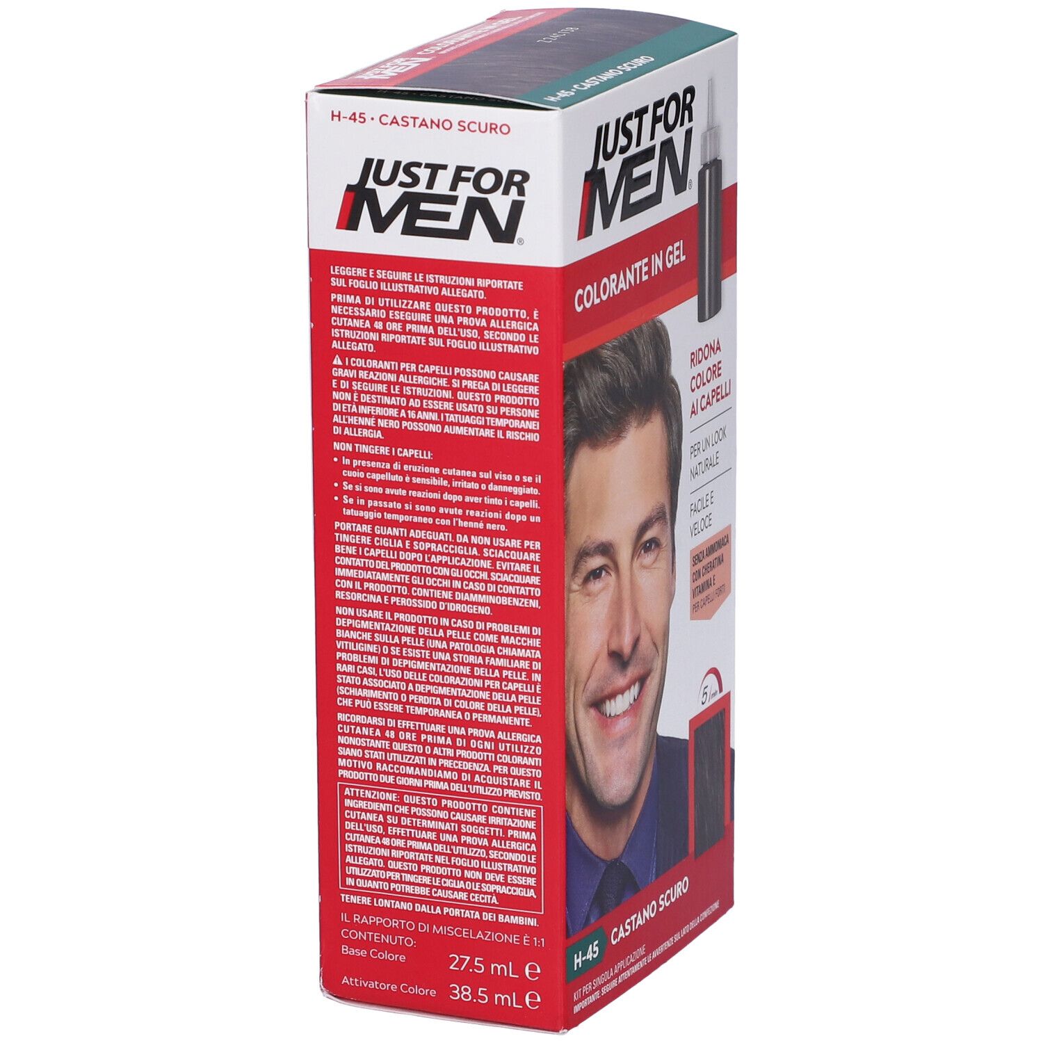 Scatola di colorante per capelli. Contiene Shampoo Colorante H45 Castano Scuro. Uomo con capelli scuri. Testo: Just For Men.