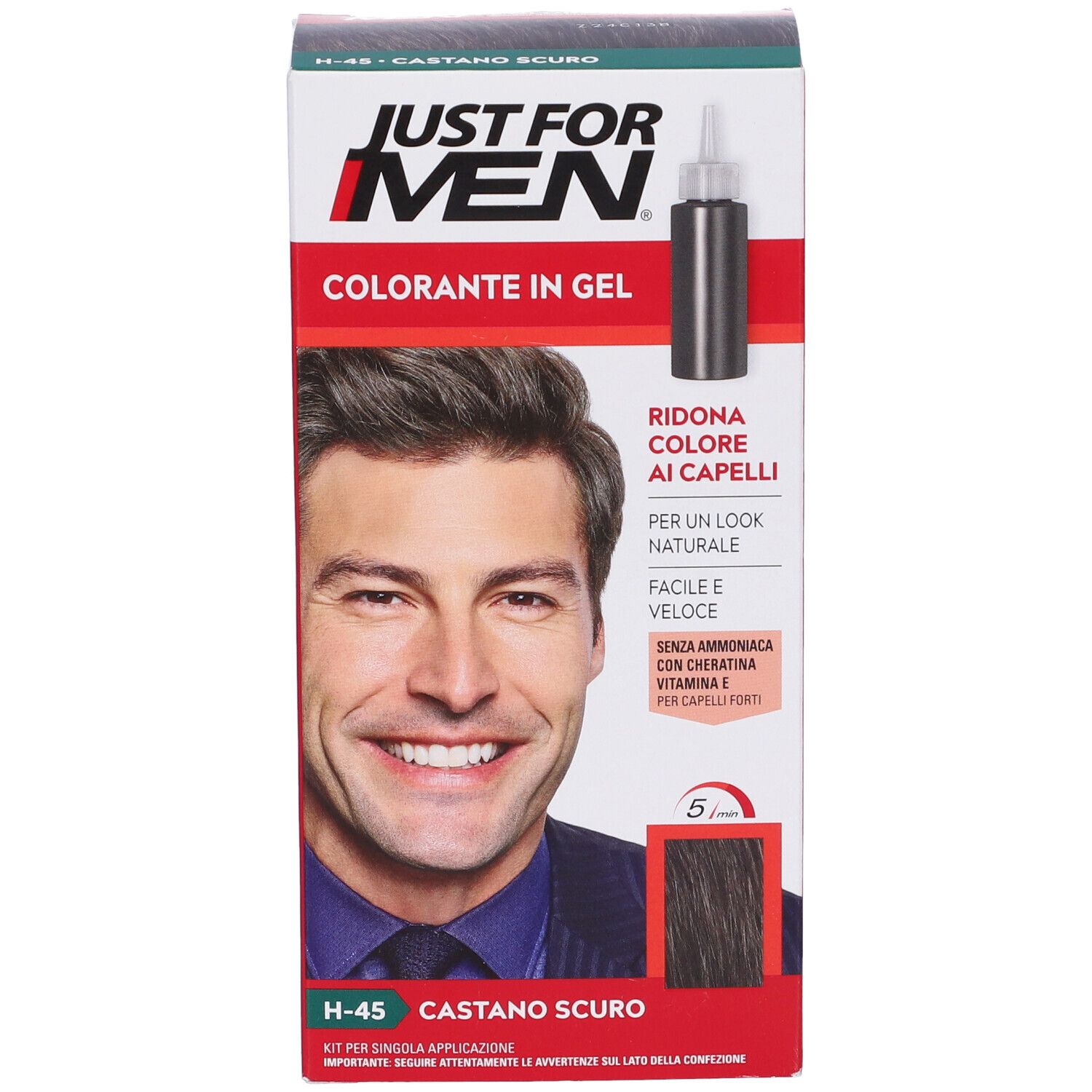 Scatola di colorante per capelli. Contiene Shampoo Colorante H45 Castano Scuro. Uomo con capelli scuri. Testo: Just For Men.
