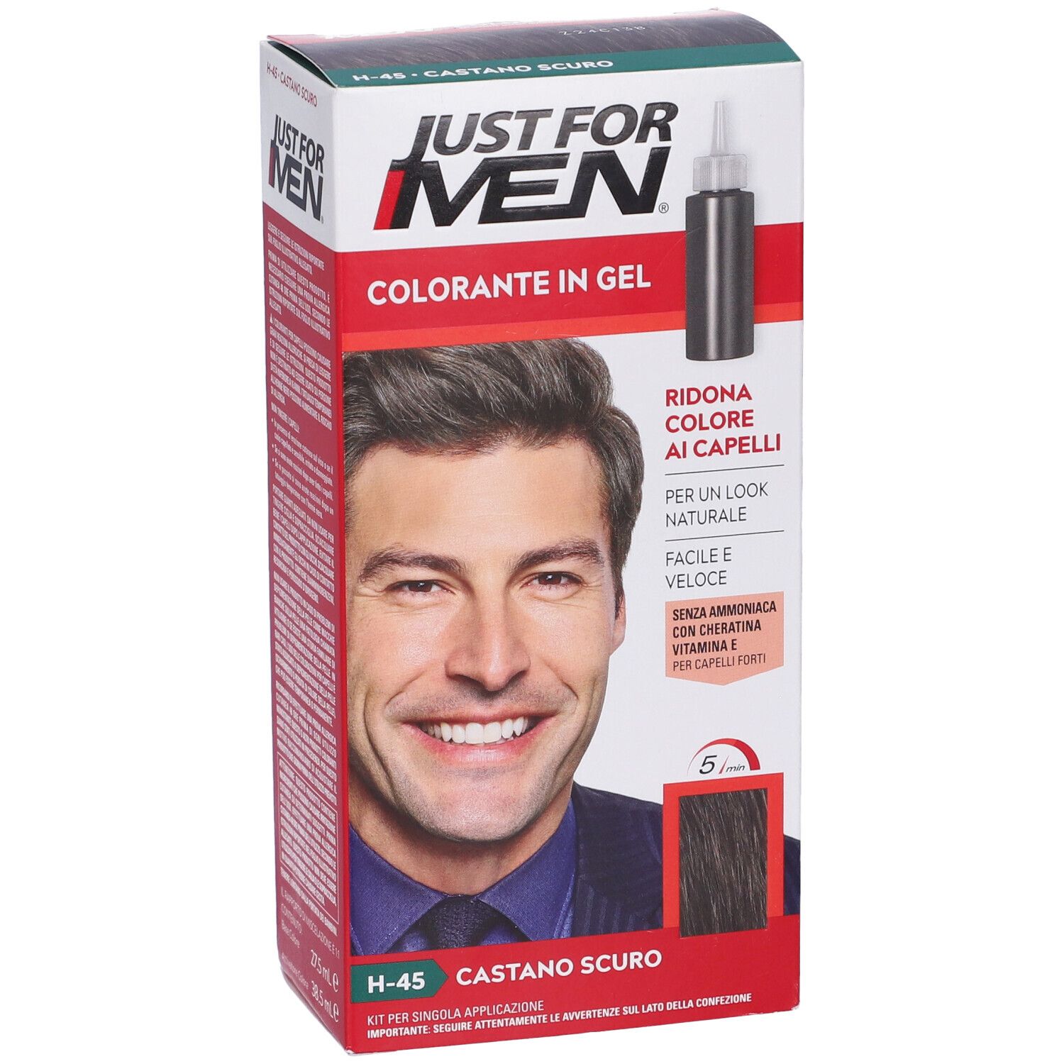 Scatola di colorante per capelli. Contiene Shampoo Colorante H45 Castano Scuro. Uomo con capelli scuri. Testo: Just For Men.