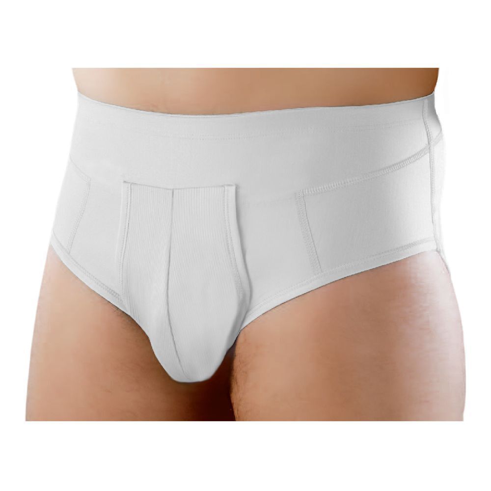 Slip erniario bianco da uomo, apertura anteriore. Cotone. Cuciture e rinforzi visibili.