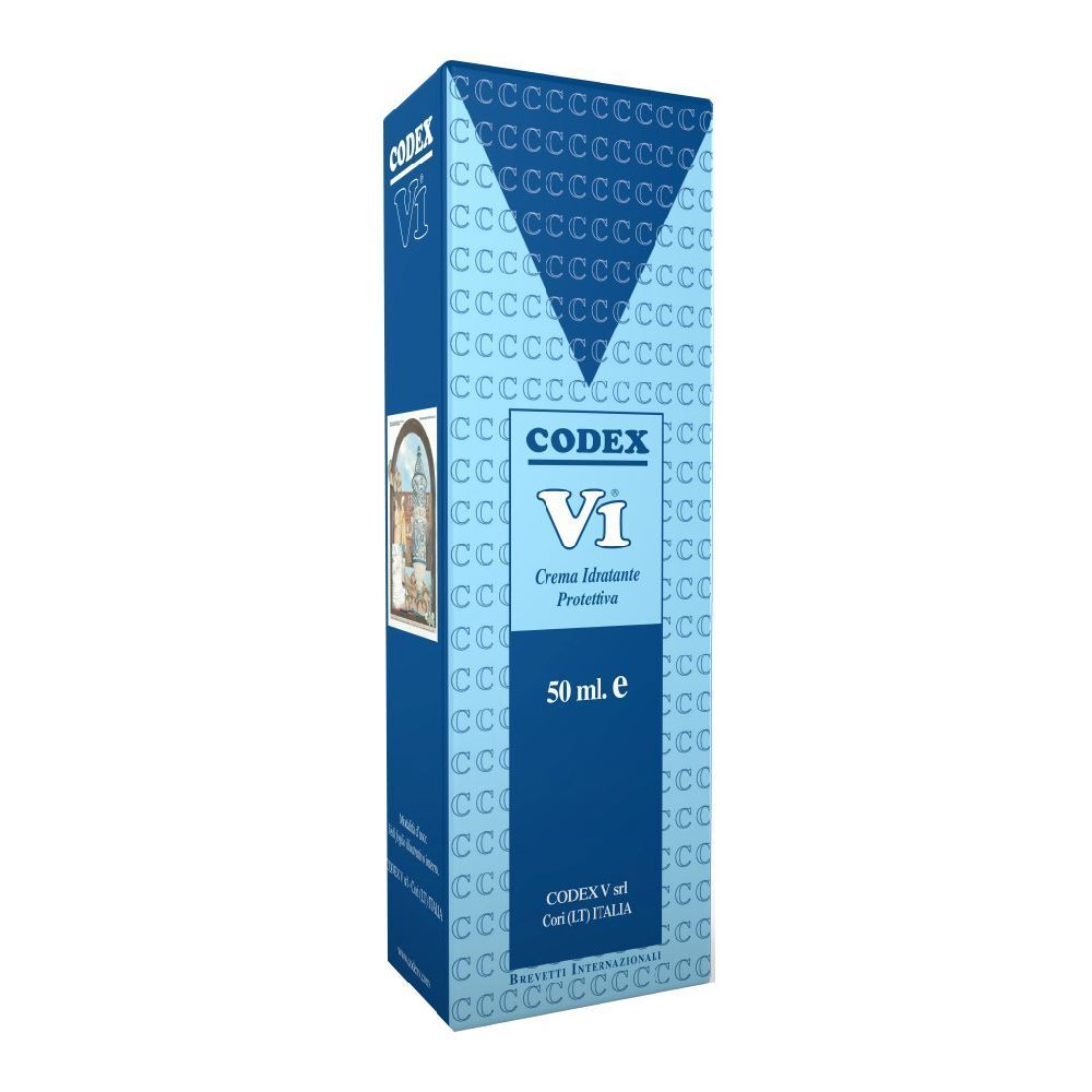 Scatola blu e bianca con V1 Crema Idratante Protettiva, 50 ml. Logo Codex.