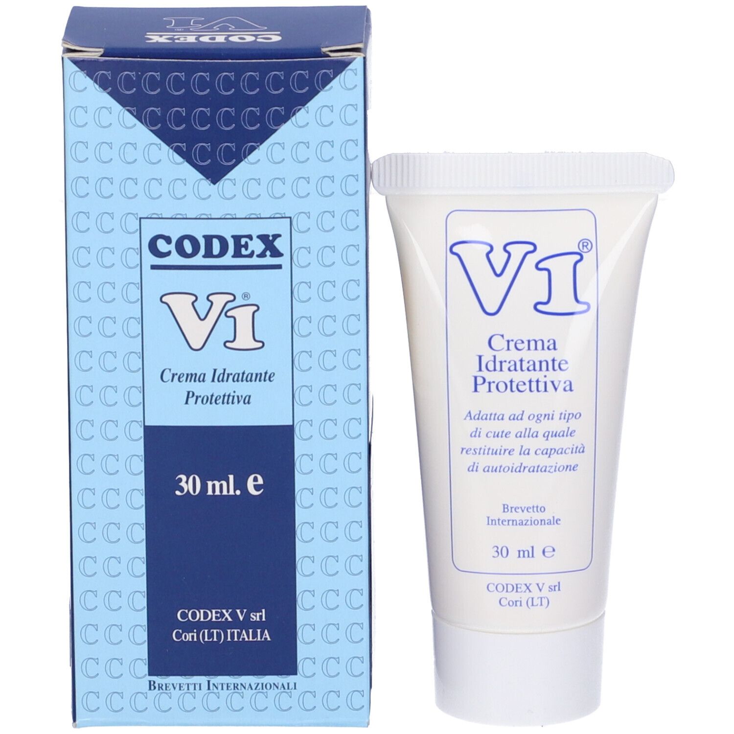Confezione e tubo del prodotto. V1 Crema Idratante Protettiva, 30 ml. Codex V srl.