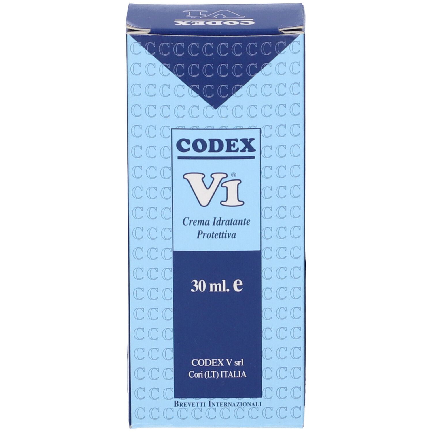 Scatola blu con V1 Crema Idratante Protettiva, 30 ml. Codex V srl.