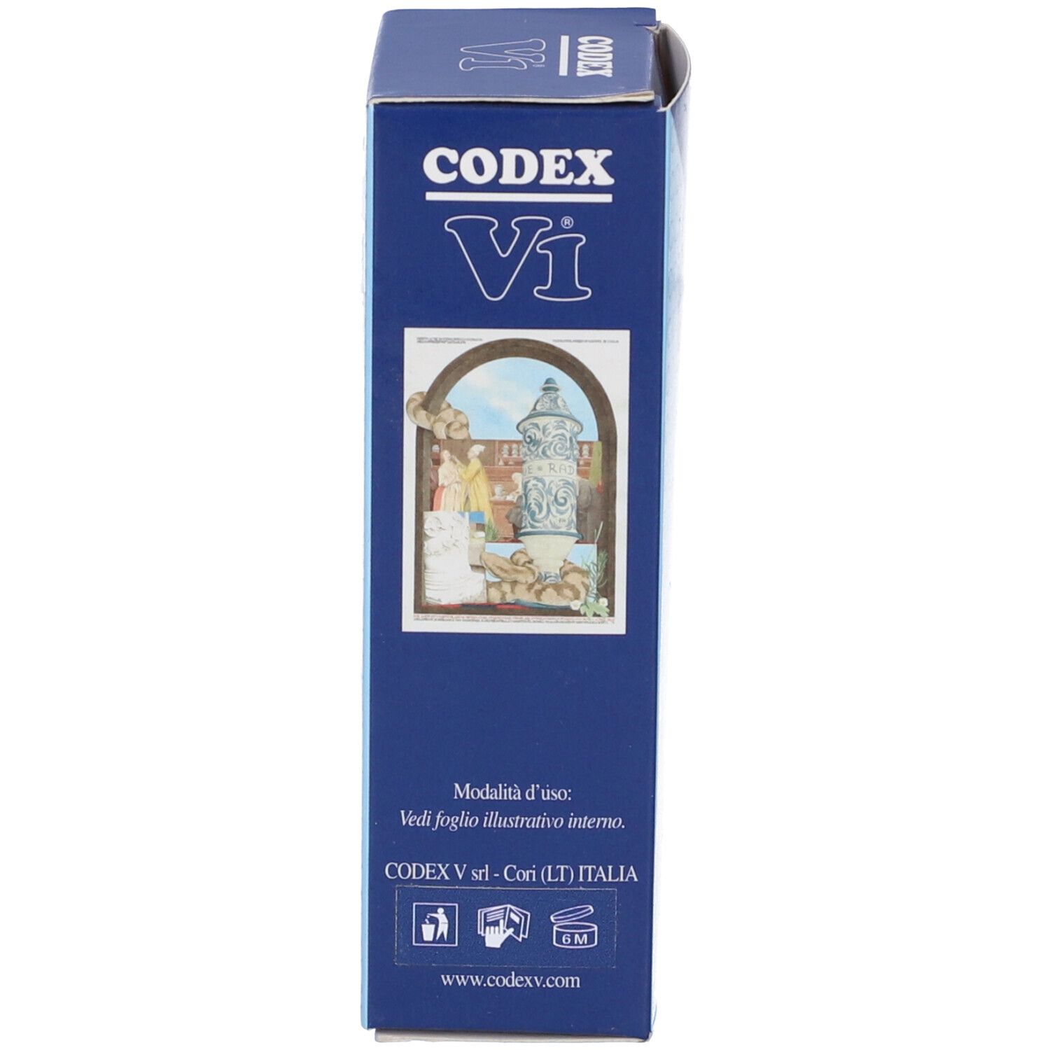 Scatola blu, lato con illustrazione e testo. Codex V srl. Simbolo 6M.