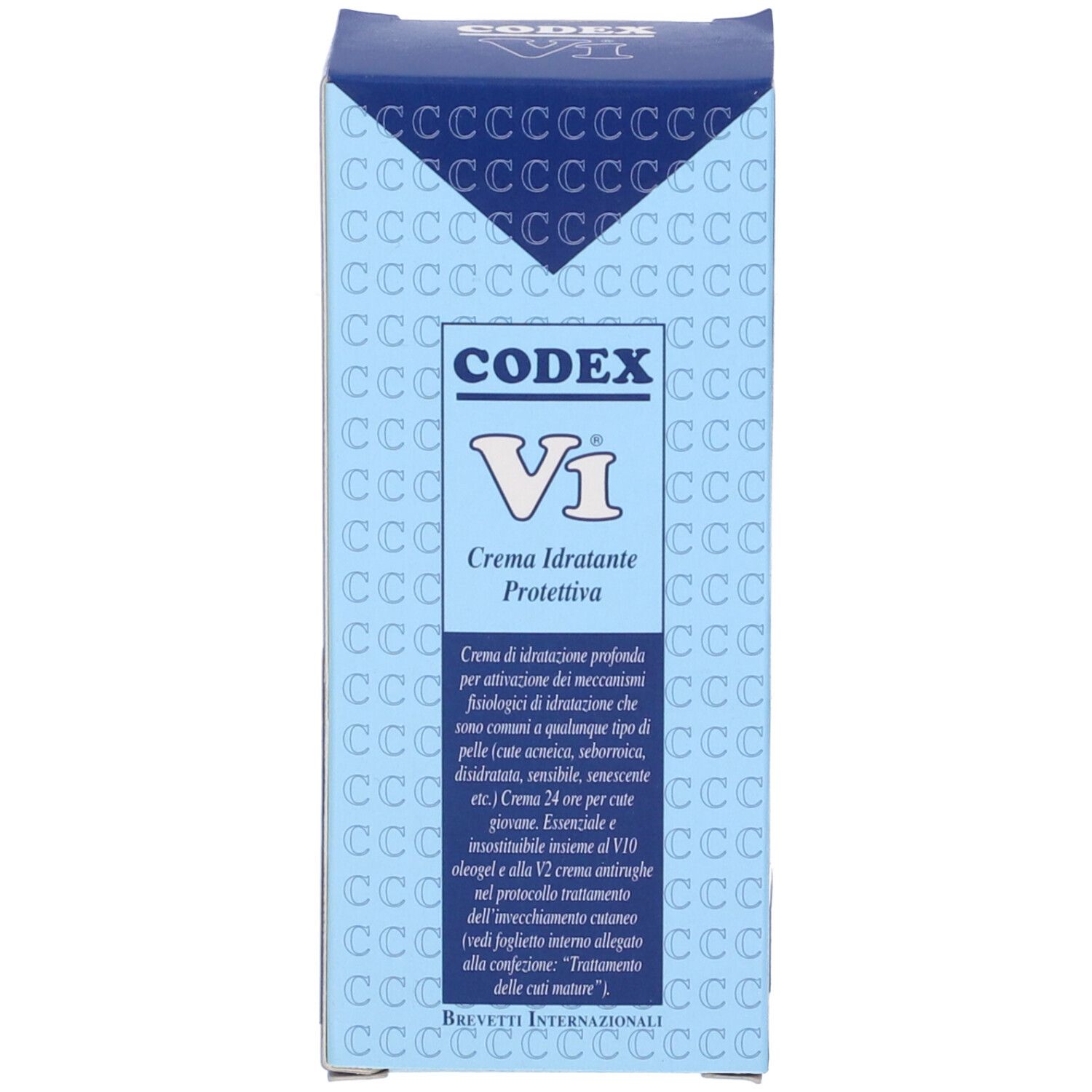 Scatola blu con testo. V1 Crema Idratante Protettiva. Codex V srl. Testo sugli ingredienti.