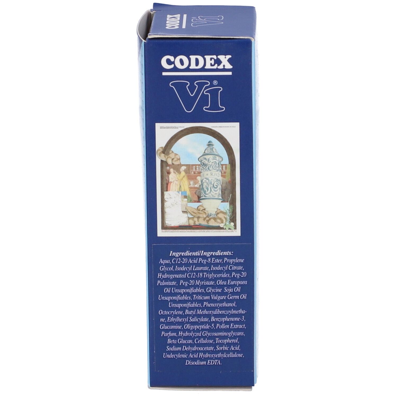 Scatola blu, lato con illustrazione ed elenco ingredienti. Codex V srl. Simbolo 6M.