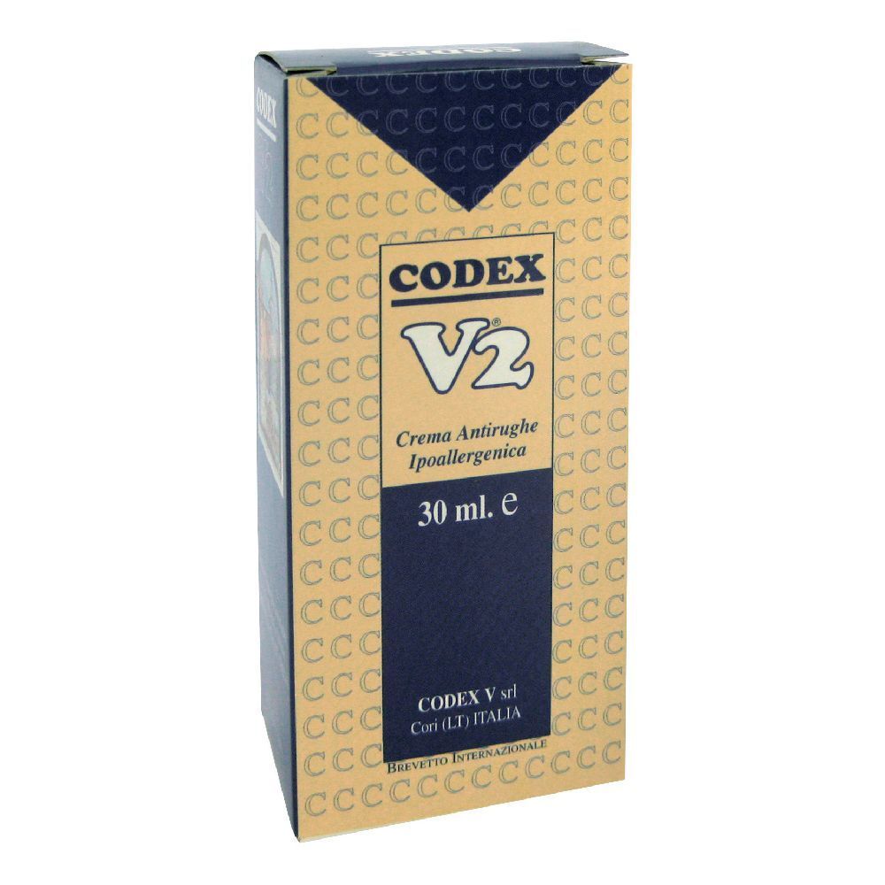 Confezione in cartone con nome prodotto V2, scritta Codex, testo Crema Antirughe Ipoallergenica, 30 ml. e.
