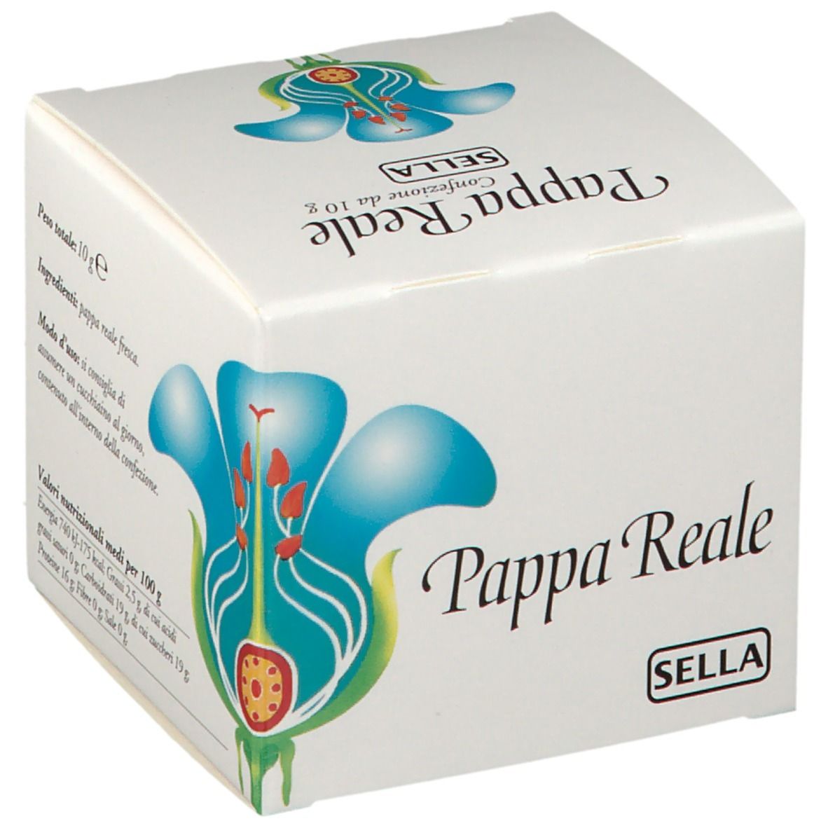 Scatola bianca con stampa del prodotto. Scritta: Pappa Reale, Sella. Illustrazione di un fiore.