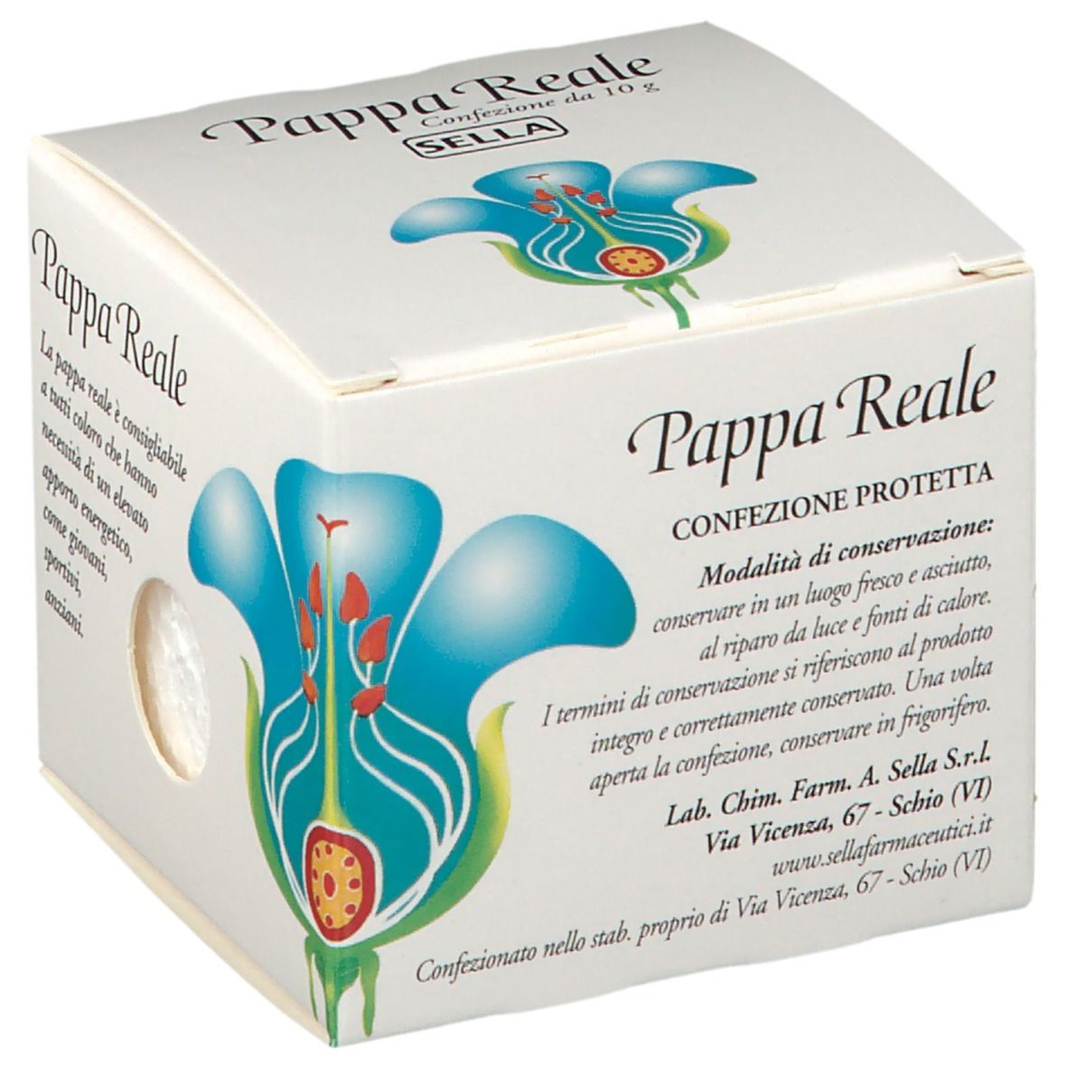 Scatola bianca con stampa del prodotto. Scritta: Pappa Reale, Sella. Illustrazione di un fiore. Testo sulla conservazione.