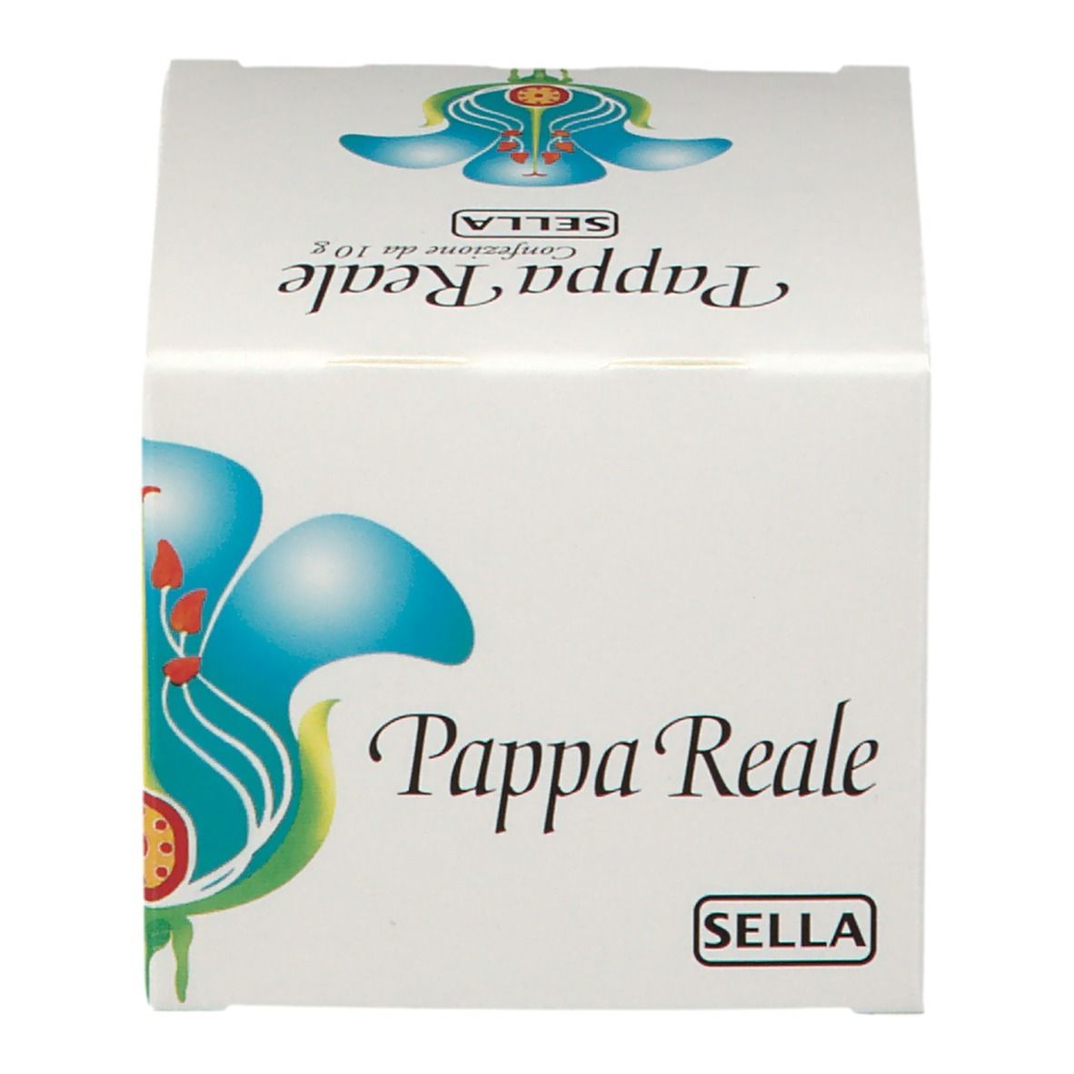 Scatola bianca con stampa del prodotto. Scritta: Pappa Reale, Sella. Illustrazione di un fiore.