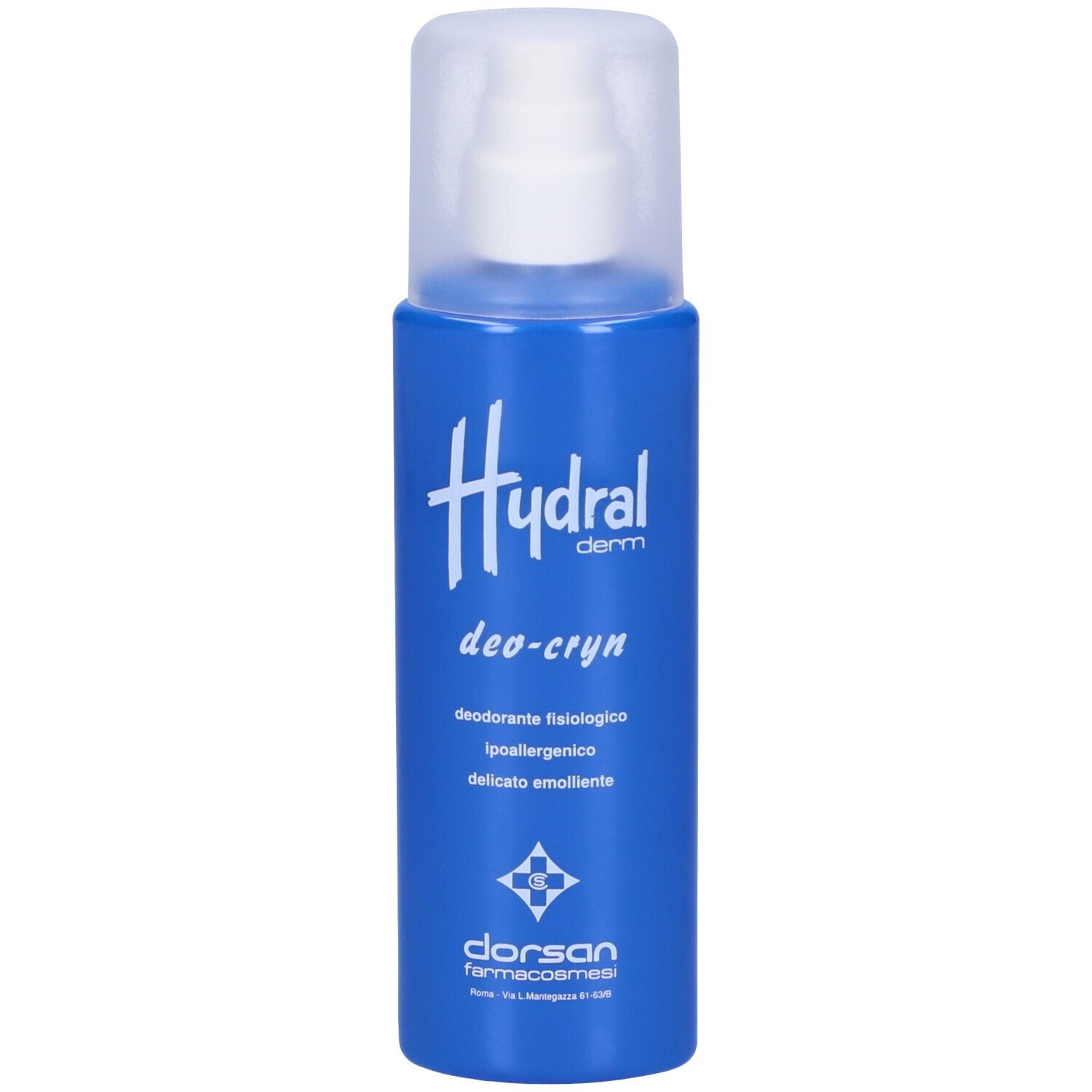 Flacone spray blu con erogatore bianco. Scritta Hydral derm, deo-cryn. Testo: ipoallergenico, delicato emolliente.