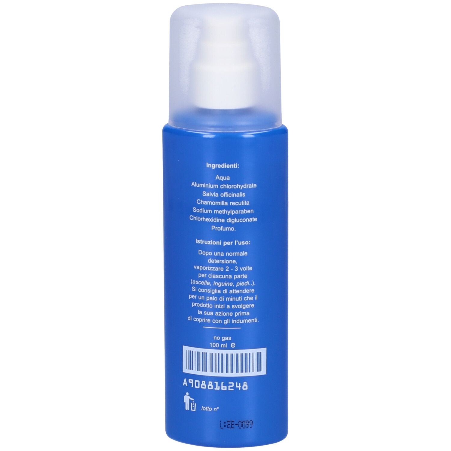 Retro del flacone spray blu. Contiene ingredienti e istruzioni per l'uso. Codice a barre e numero di lotto.
