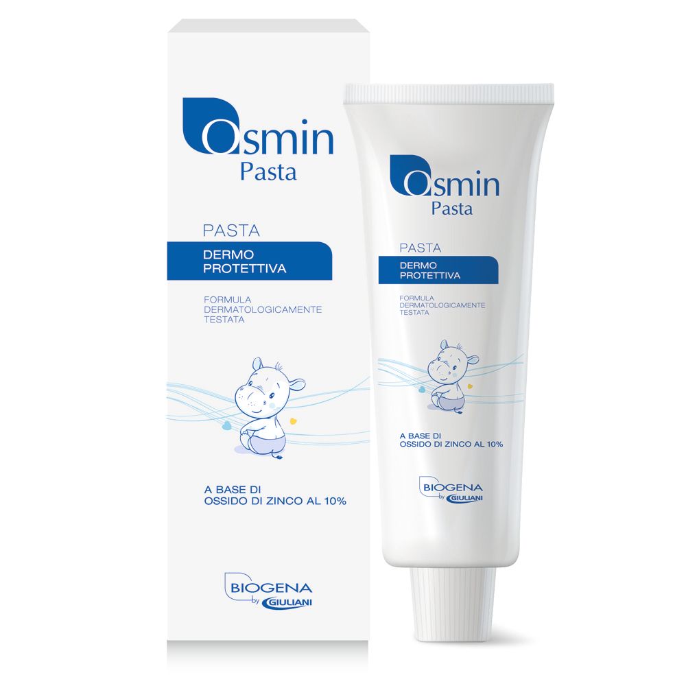Tube und Verpackung von Osmin Pasta. Enthält Zinkoxid. Marke BIOGENA.