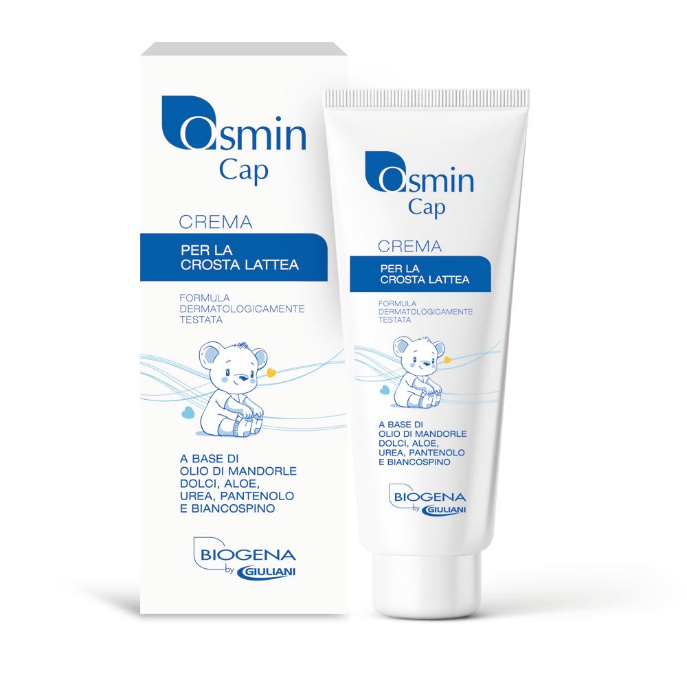Tubo e confezione di crema Osmin Cap. Crema per la crosta lattea. Illustrazione di un orsetto. Marchio Biogena by Giuliani.