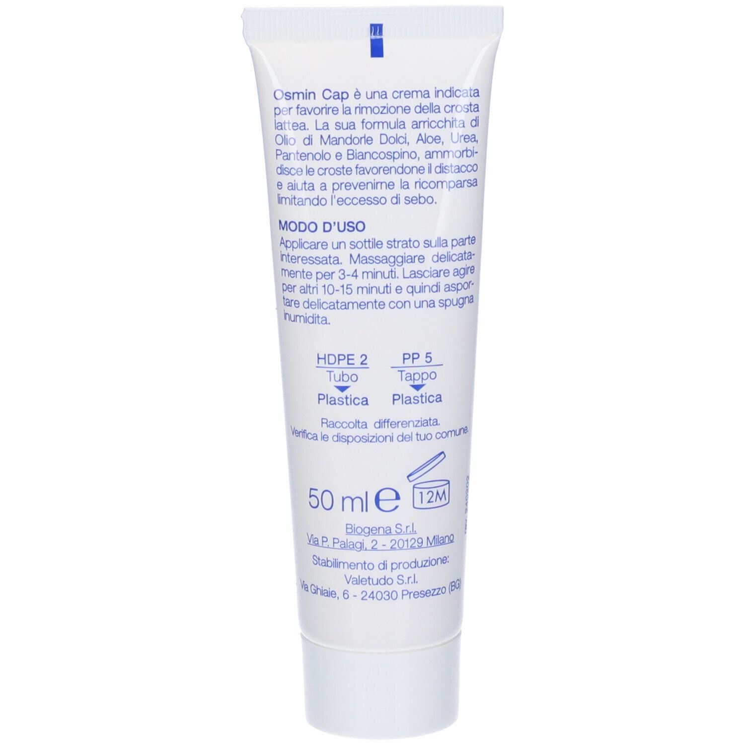 Retro del tubo di crema Osmin Cap. Testo sull'uso e sugli ingredienti. Marchio Biogena by Giuliani. 50 ml.