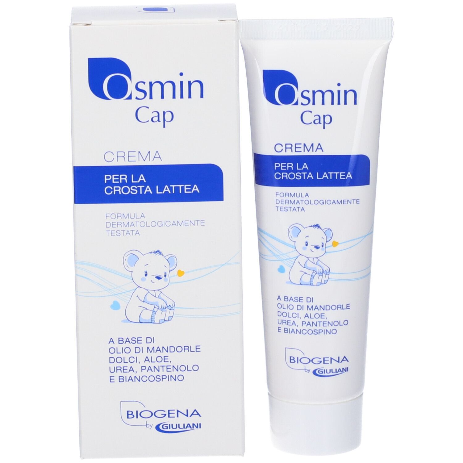 Tubo e confezione di crema Osmin Cap. Crema per la crosta lattea. Illustrazione di un orsetto. Marchio Biogena by Giuliani.