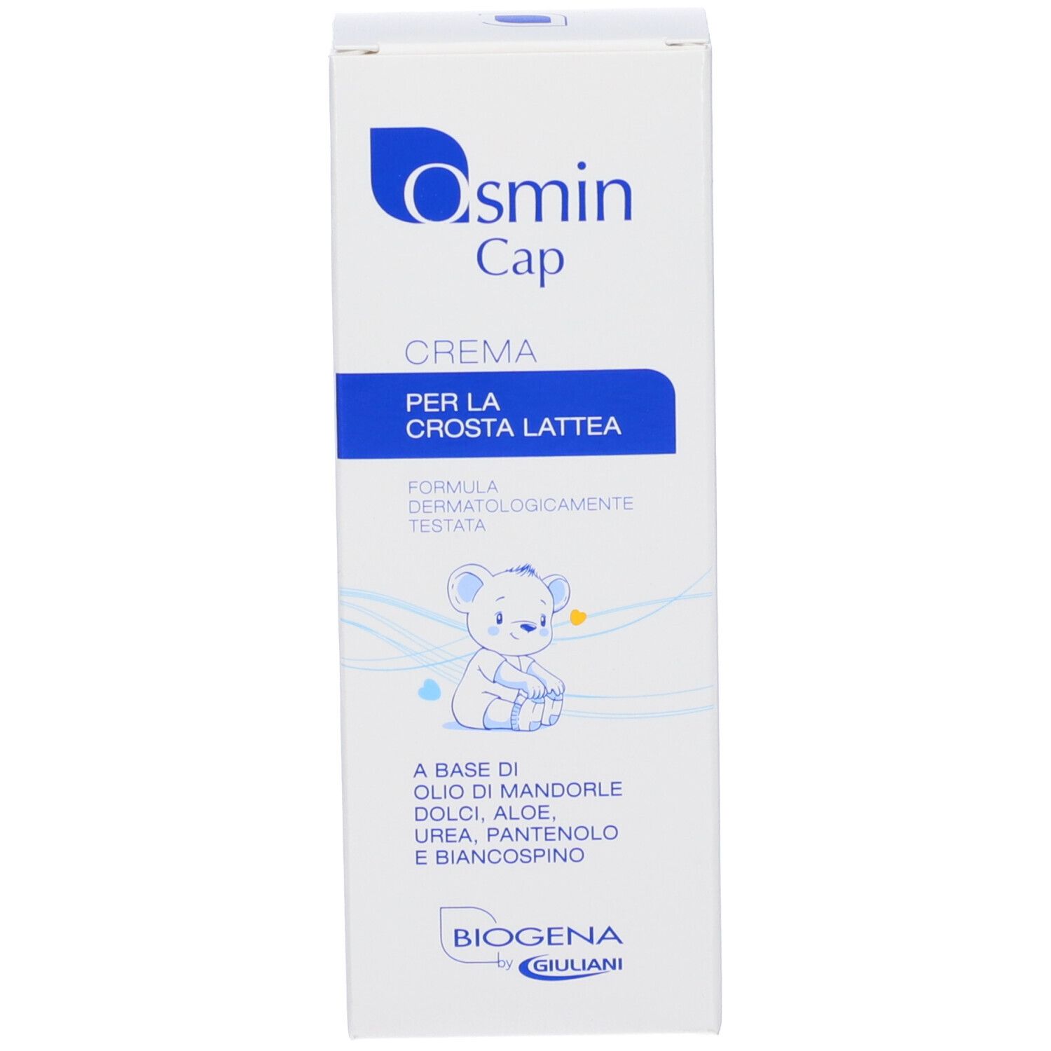 Confezione Osmin Cap. Crema per la crosta lattea. Illustrazione di un orsetto. Marchio Biogena by Giuliani.