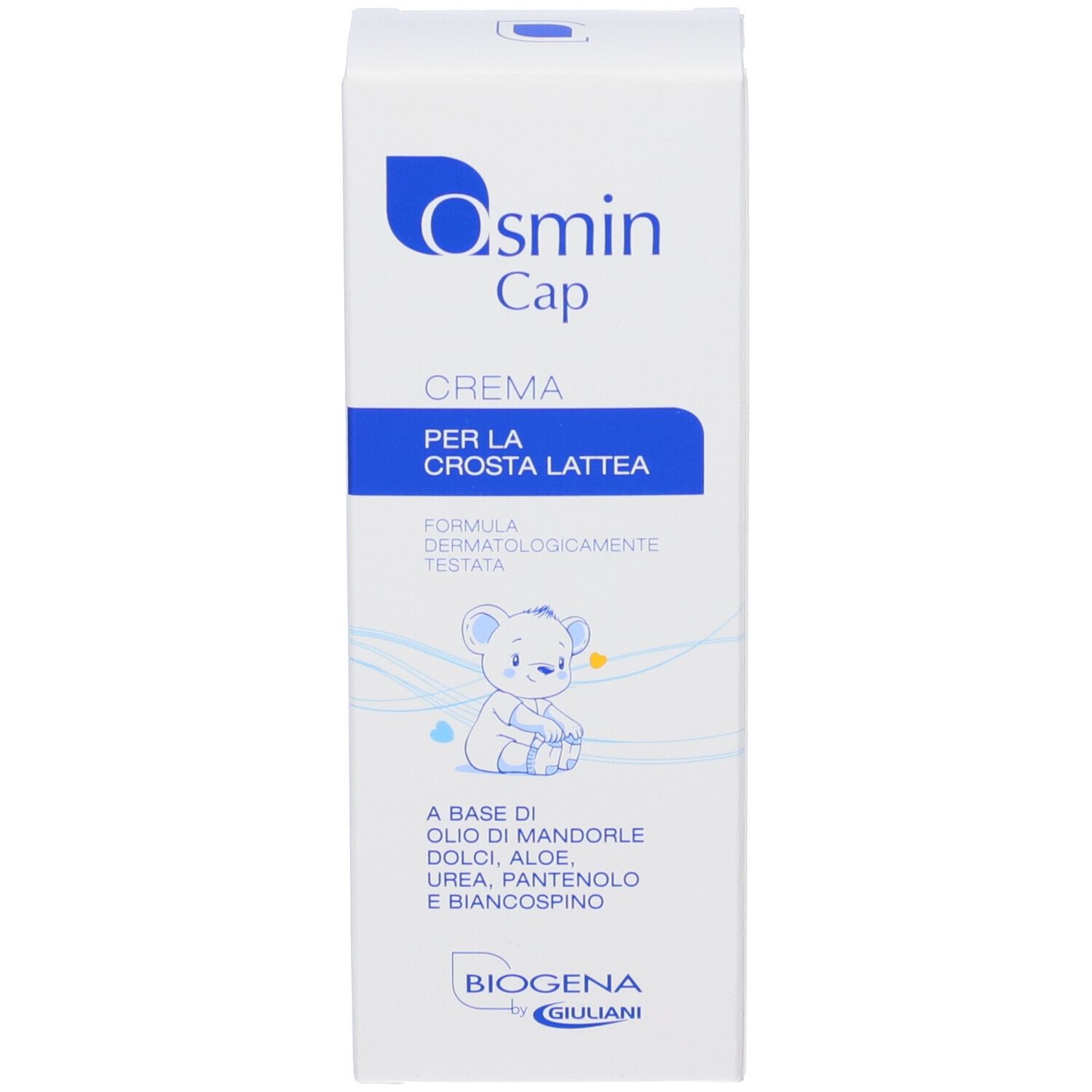 Confezione Osmin Cap. Crema per la crosta lattea. Illustrazione di un orsetto. Marchio Biogena by Giuliani.