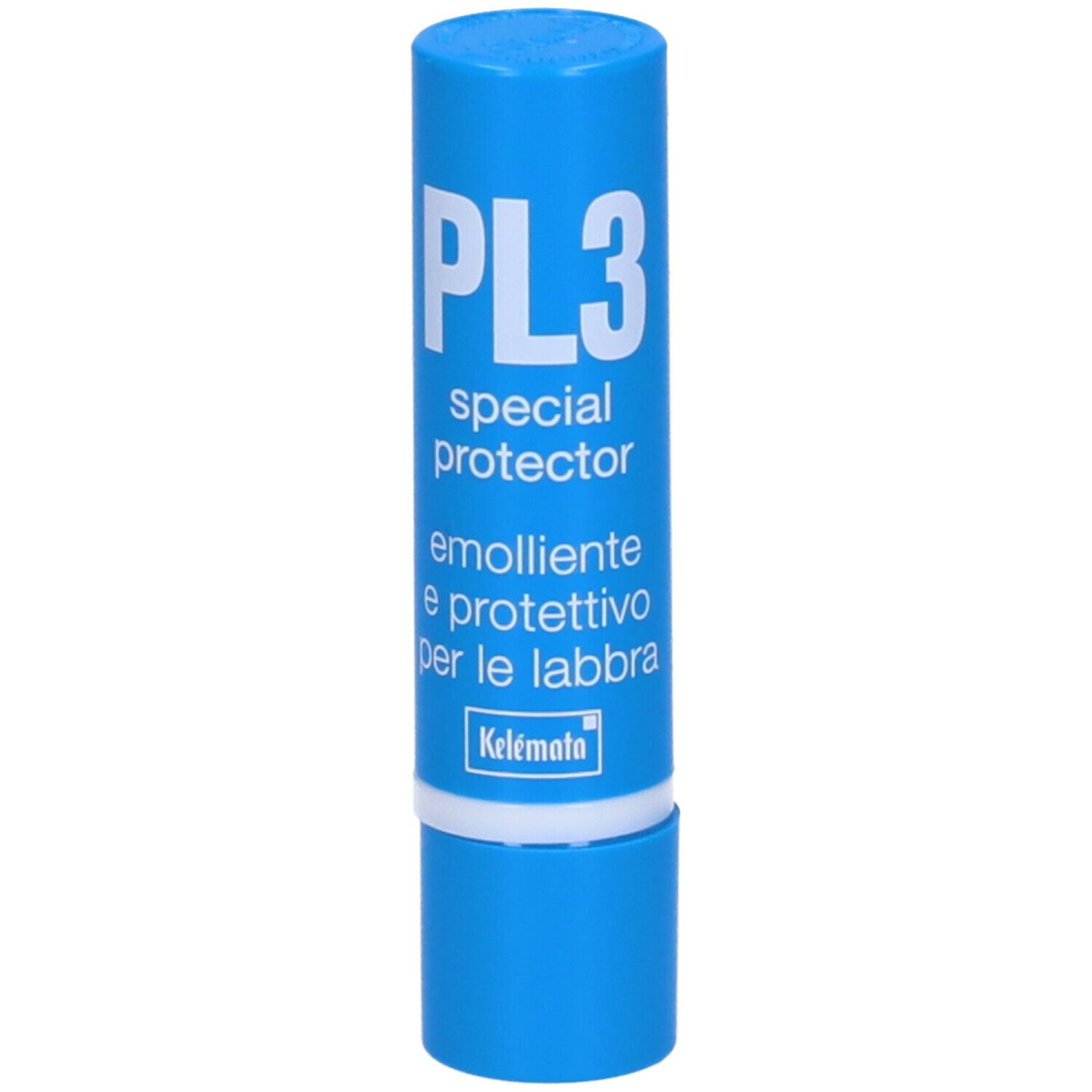 Stick labbra blu con scritta bianca. Scritta: PL3 special protector, testo italiano. Marchio: Kelemata.