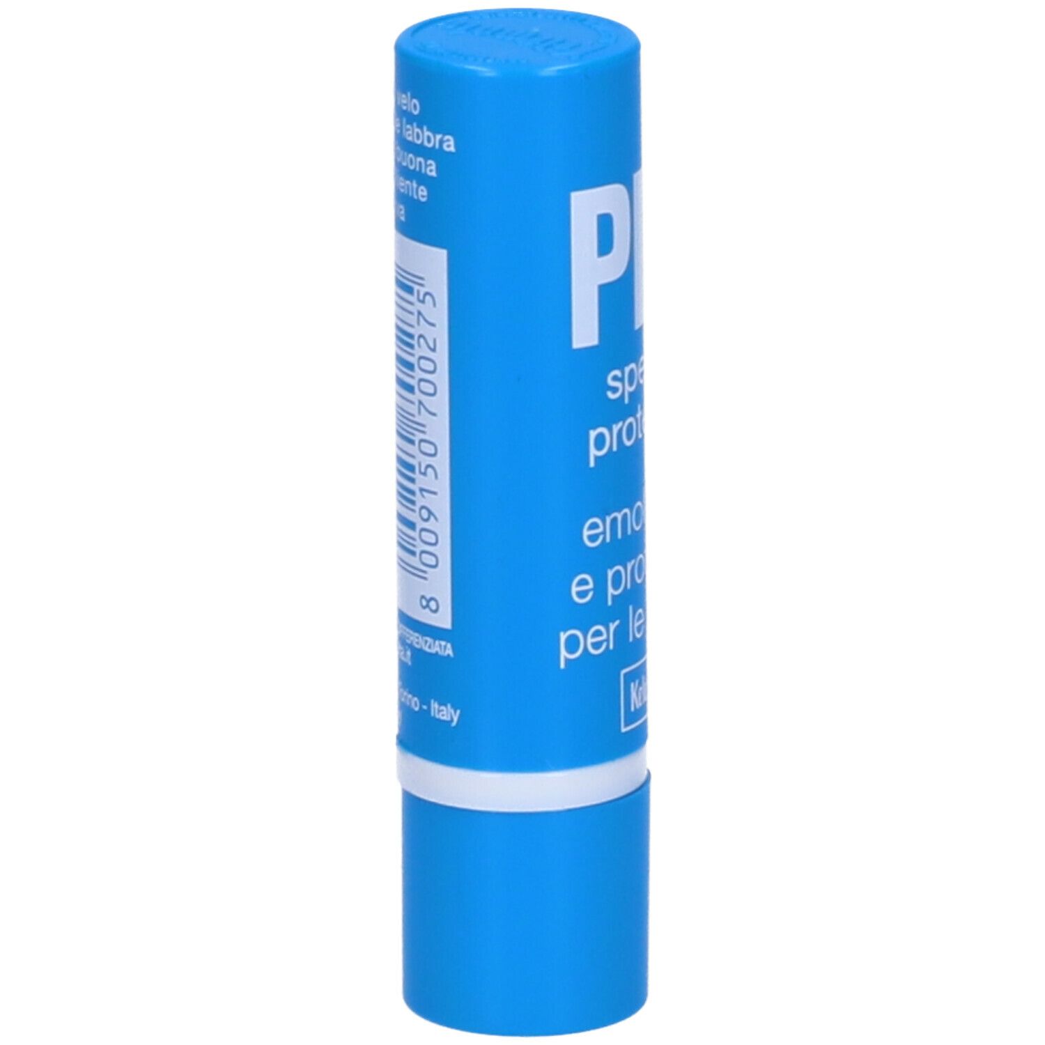 Stick labbra blu con scritta bianca e codice a barre. Scritta: PL3 special protector, testo italiano. Marchio: Kelemata.