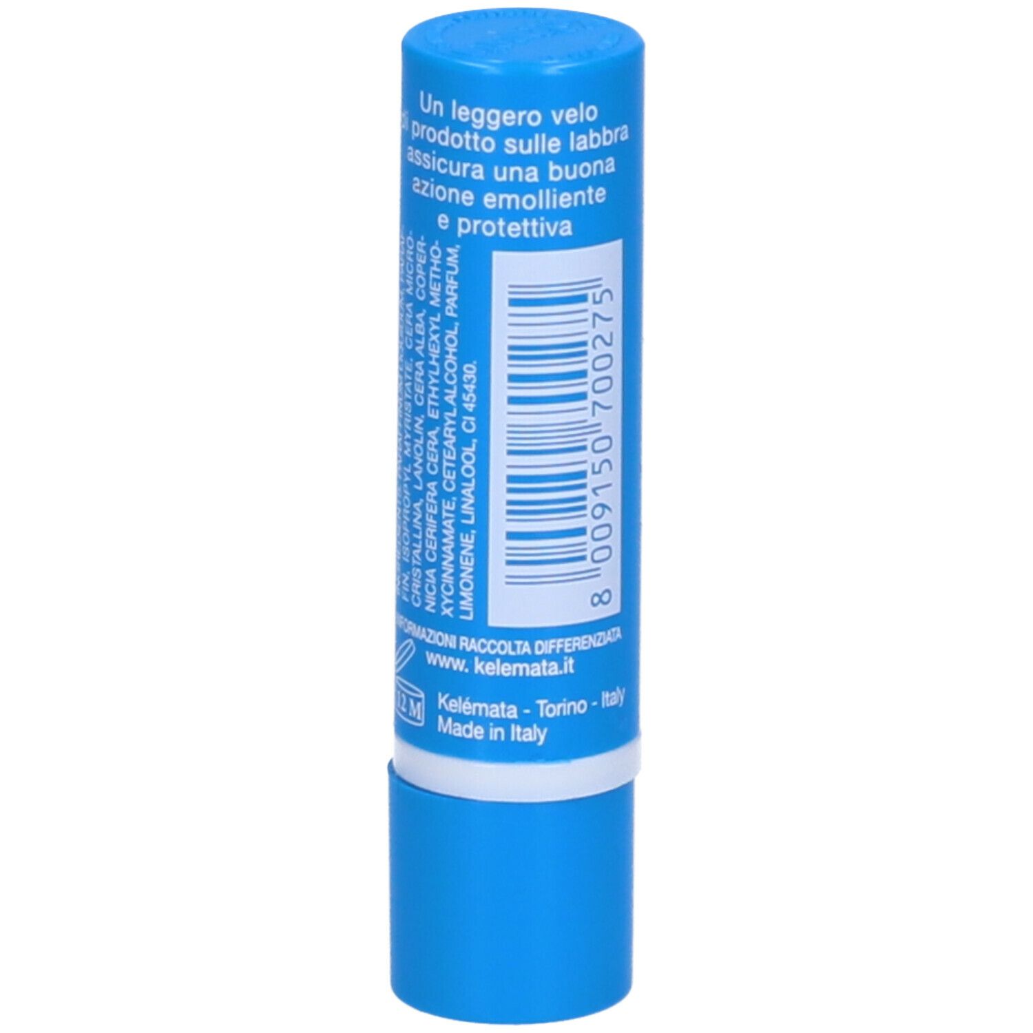 Stick labbra blu con scritta bianca e testo. Scritta: PL3 special protector, testo italiano. Marchio: Kelemata.