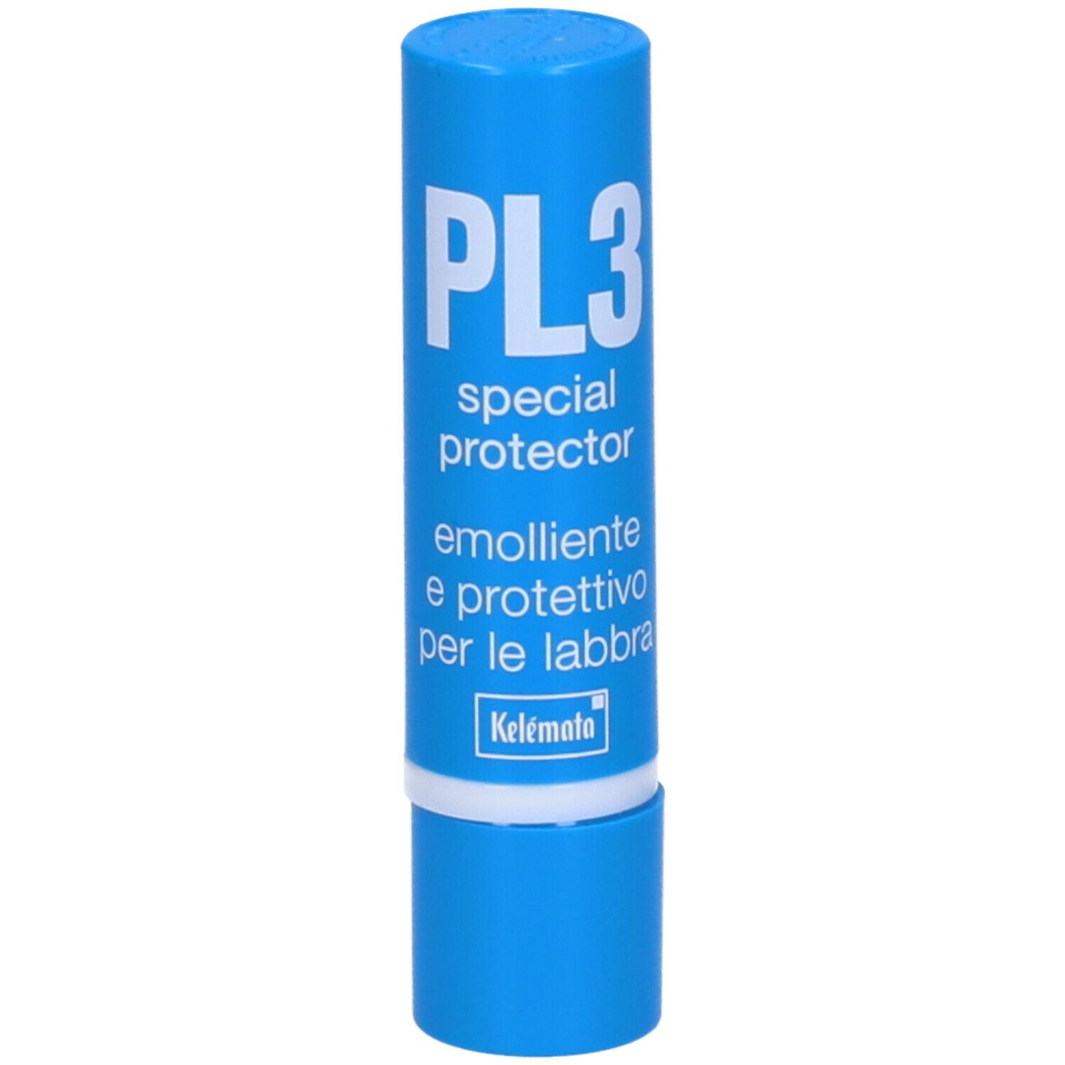 Stick labbra blu con scritta bianca. Scritta: PL3 special protector, testo italiano. Marchio: Kelemata.