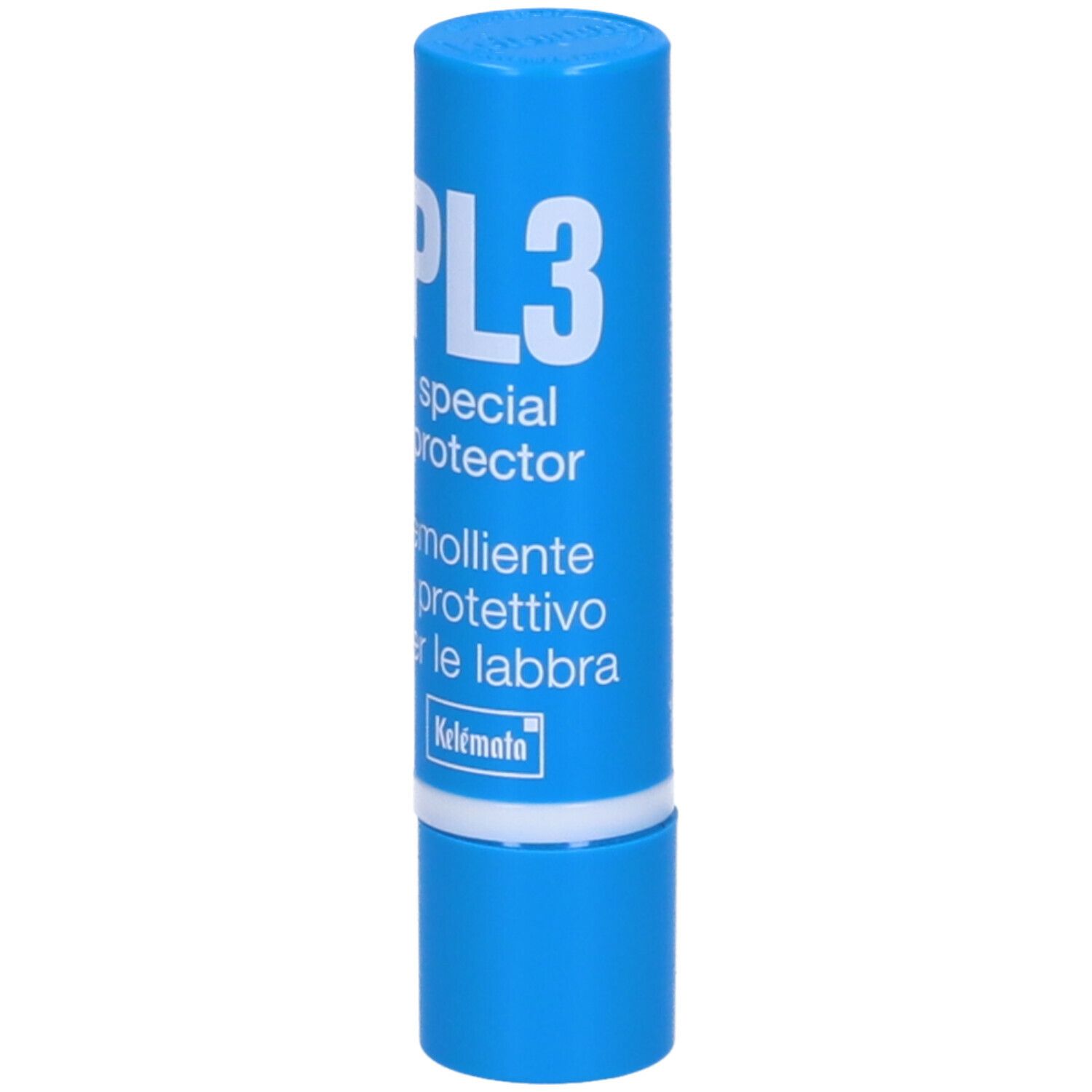 Stick labbra blu con scritta bianca. Scritta: PL3 special protector, testo italiano. Marchio: Kelemata.