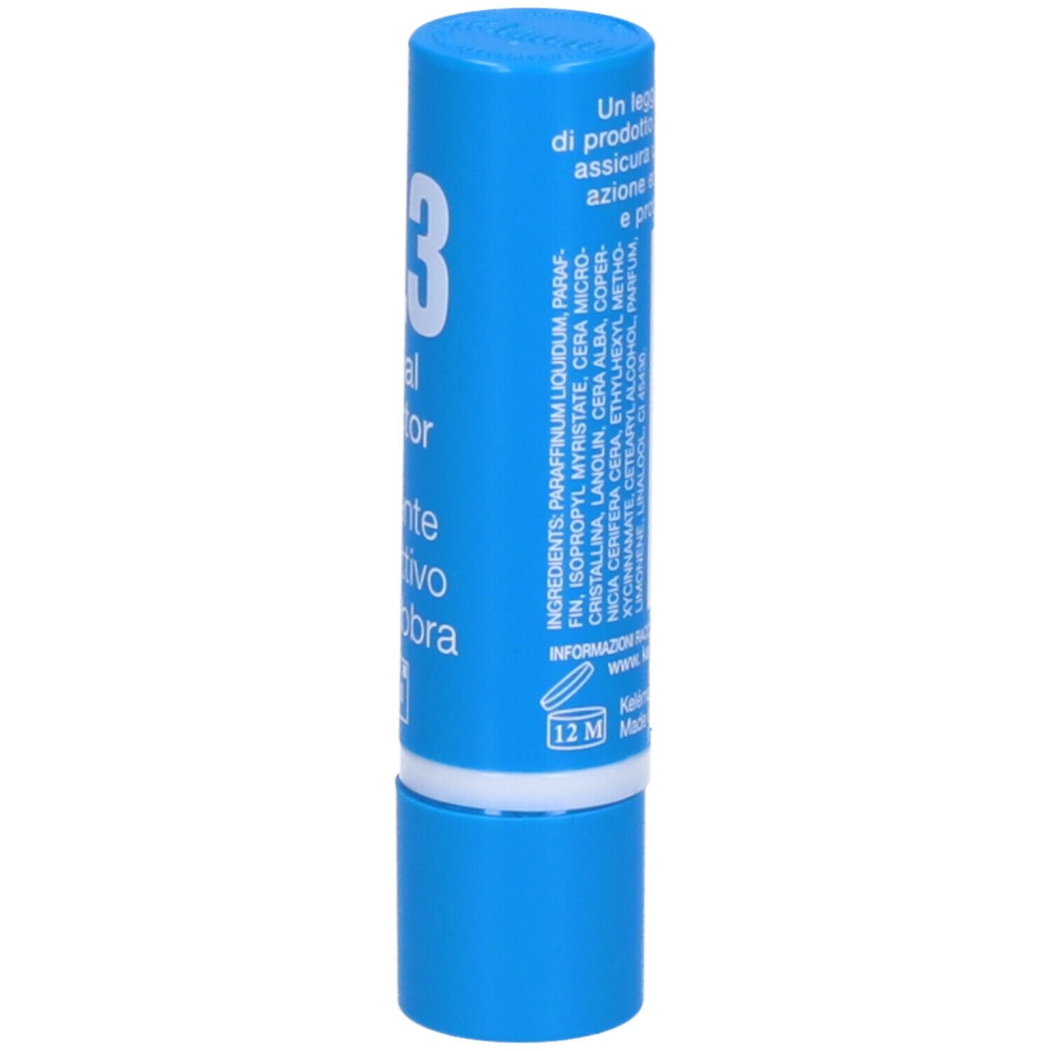 Stick labbra blu con scritta bianca e ingredienti. Scritta: PL3 special protector, testo italiano. Marchio: Kelemata.