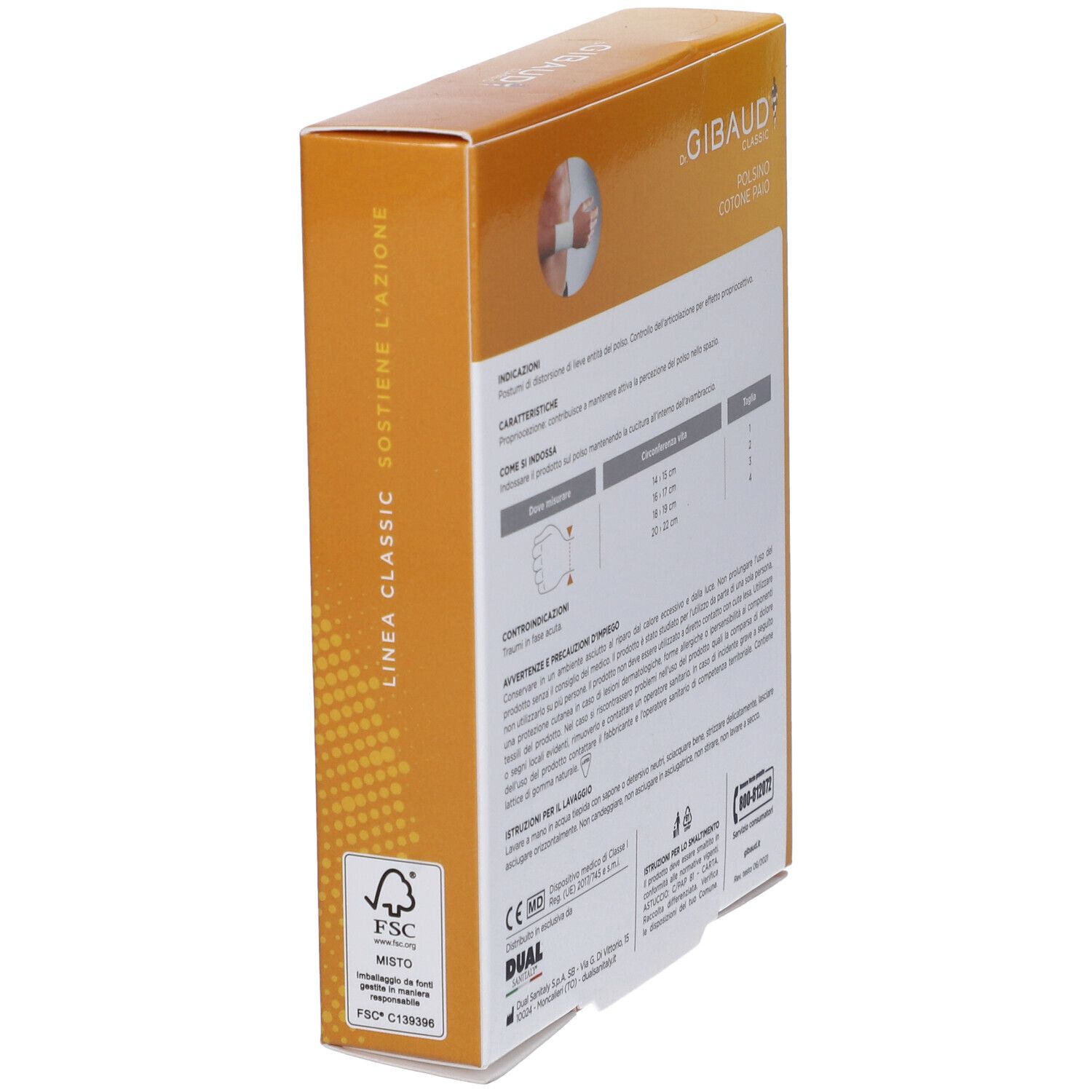 Confezione Gibaud Classic Polsino Cotone Paio. Scatola arancione con testo e logo FSC.
