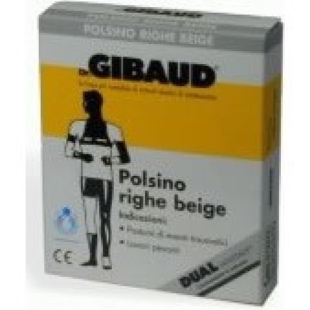 Scatola Dr. Gibaud Polsino righe beige. Scatola bianca e grigia con immagine del prodotto e marchio CE.