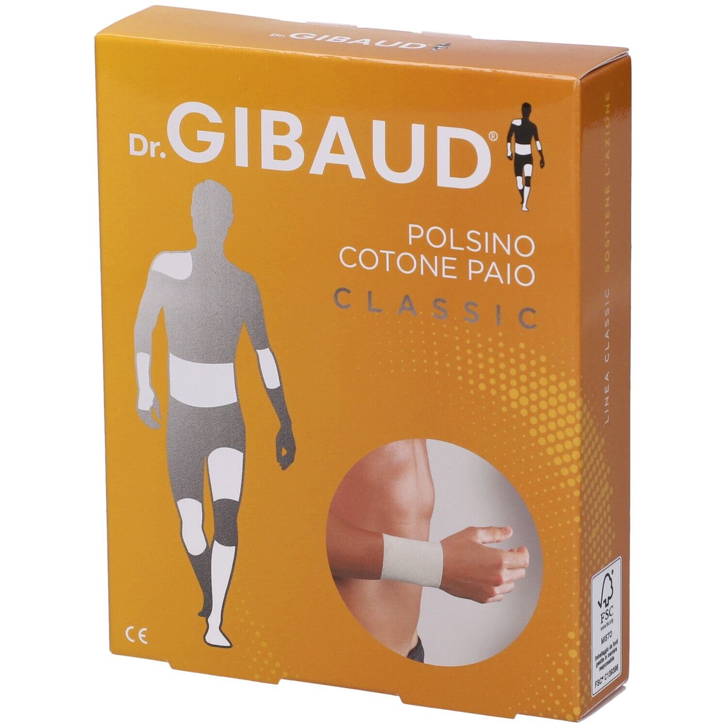 Scatola Dr. Gibaud Polsino Cotone Paio Classic. Scatola arancione con immagine del prodotto e marchio CE.