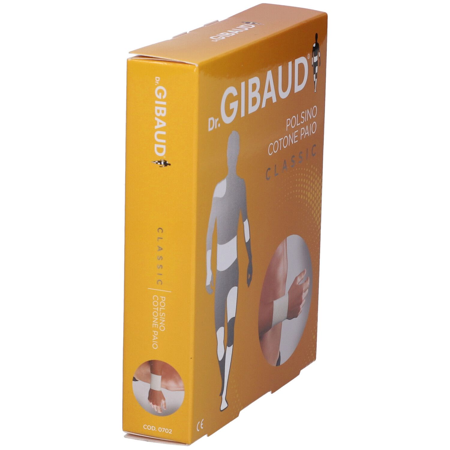 Scatola Dr. Gibaud Polsino Cotone Paio Classic. Scatola arancione, vista laterale con informazioni prodotto e marchio CE.