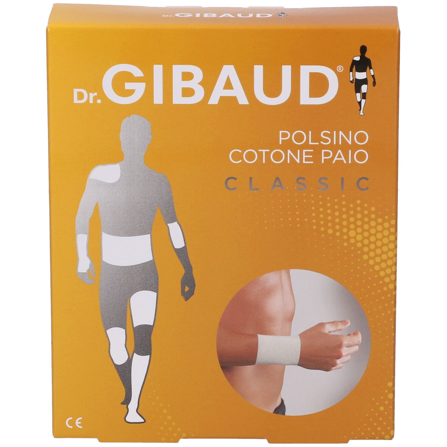 Scatola Dr. Gibaud Polsino Cotone Paio Classic. Scatola arancione con immagine del prodotto e marchio CE.