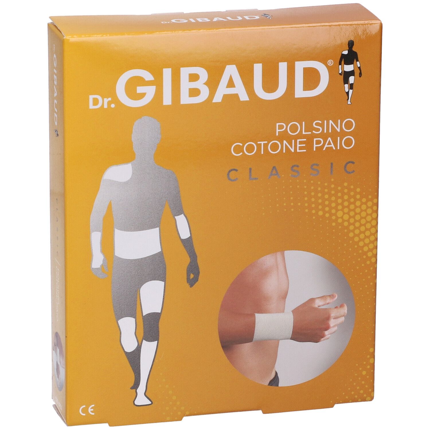 Scatola Dr. Gibaud Polsino Cotone Paio Classic. Scatola arancione con immagine del prodotto e marchio CE.