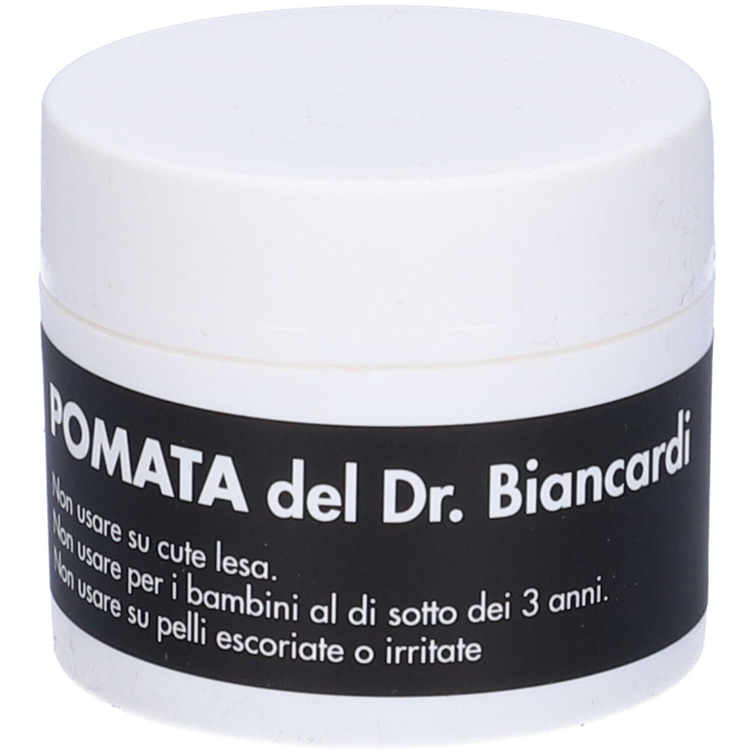 Vasetto bianco con etichetta nera. Testo: POMATA del Dr. Biancardi. Non usare su... .