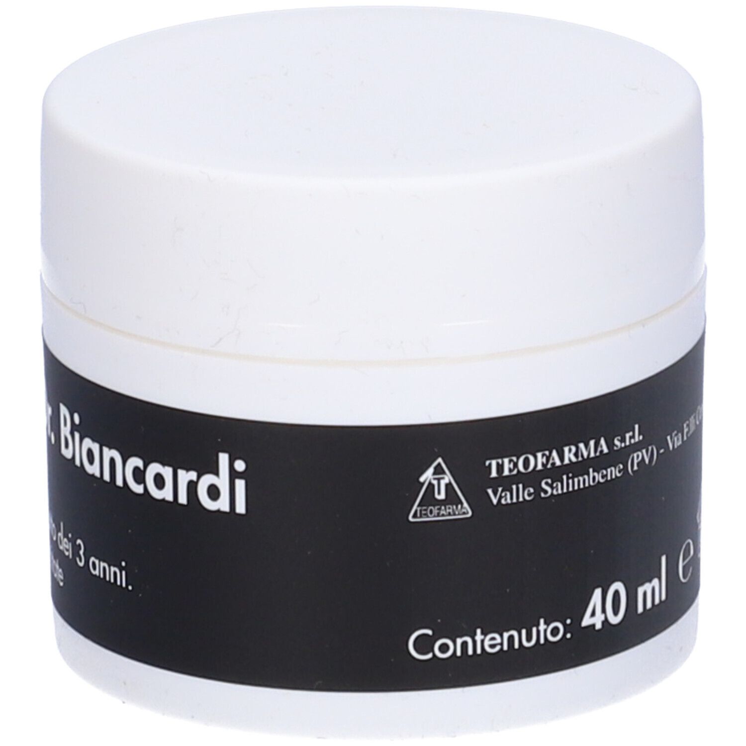 Vasetto bianco con etichetta nera. Testo: POMATA del Dr. Biancardi. 40 ml. 9M.