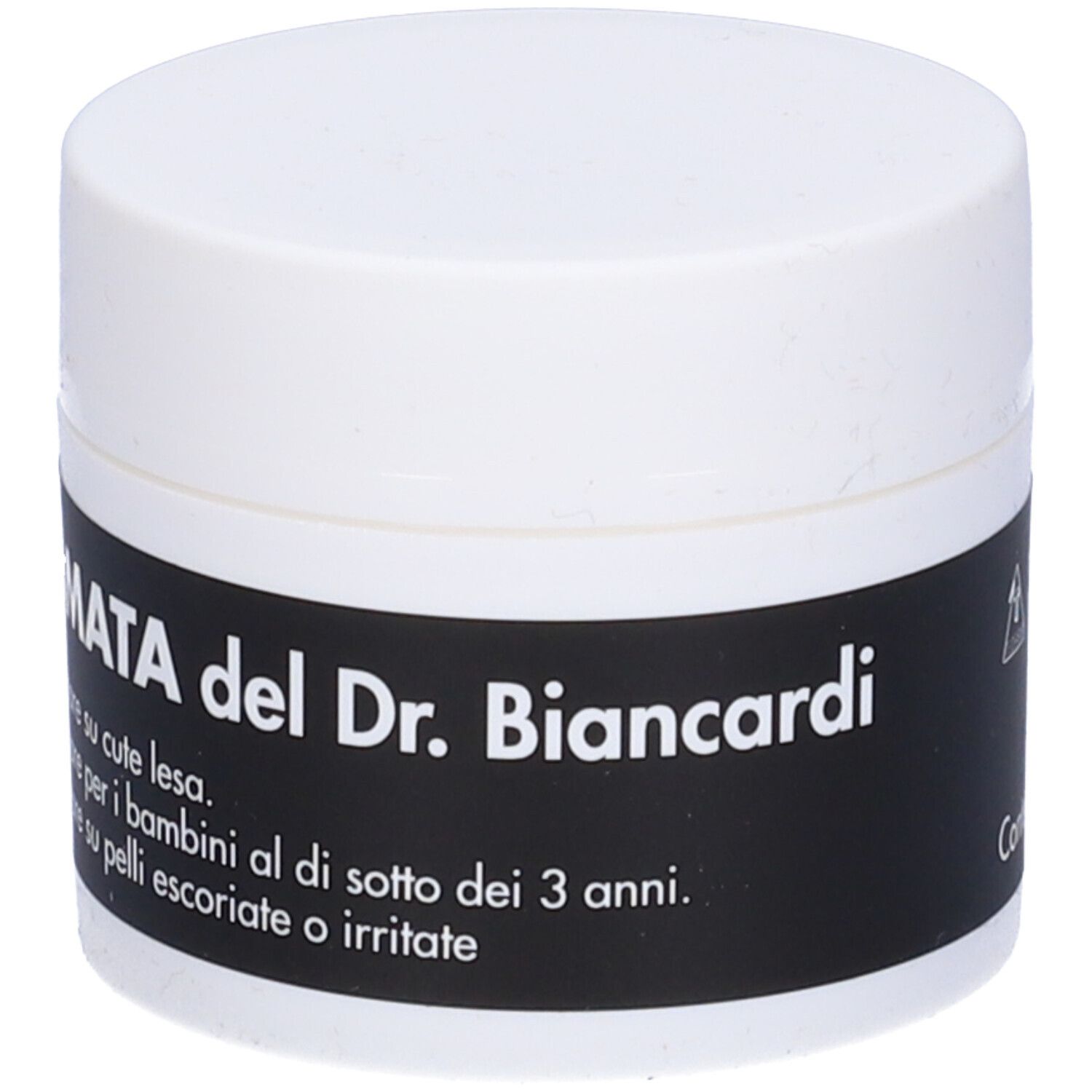 Vasetto bianco con etichetta nera. Testo: POMATA del Dr. Biancardi. Non usare su... .