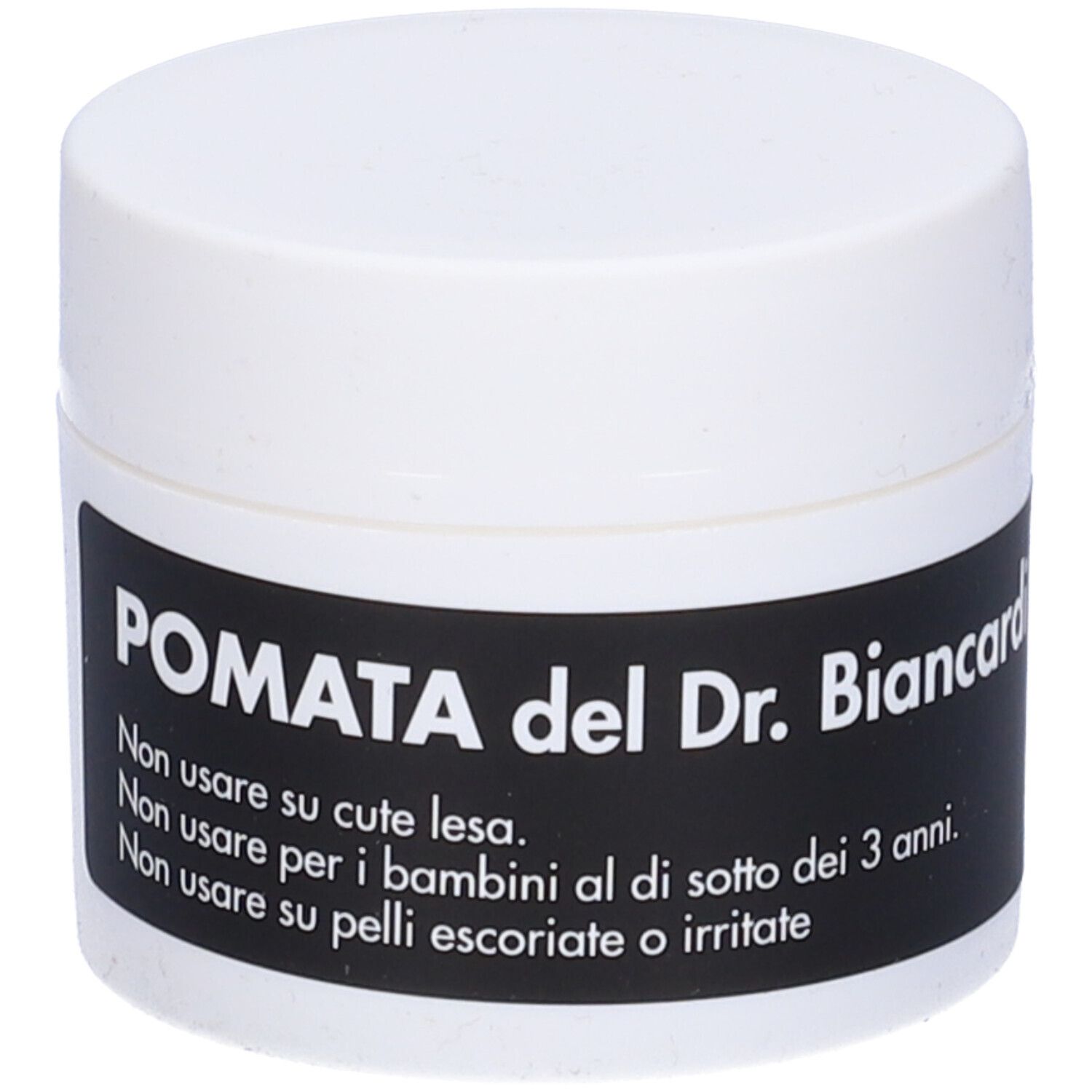 Vasetto bianco con etichetta nera. Testo: POMATA del Dr. Biancardi. Non usare su... .